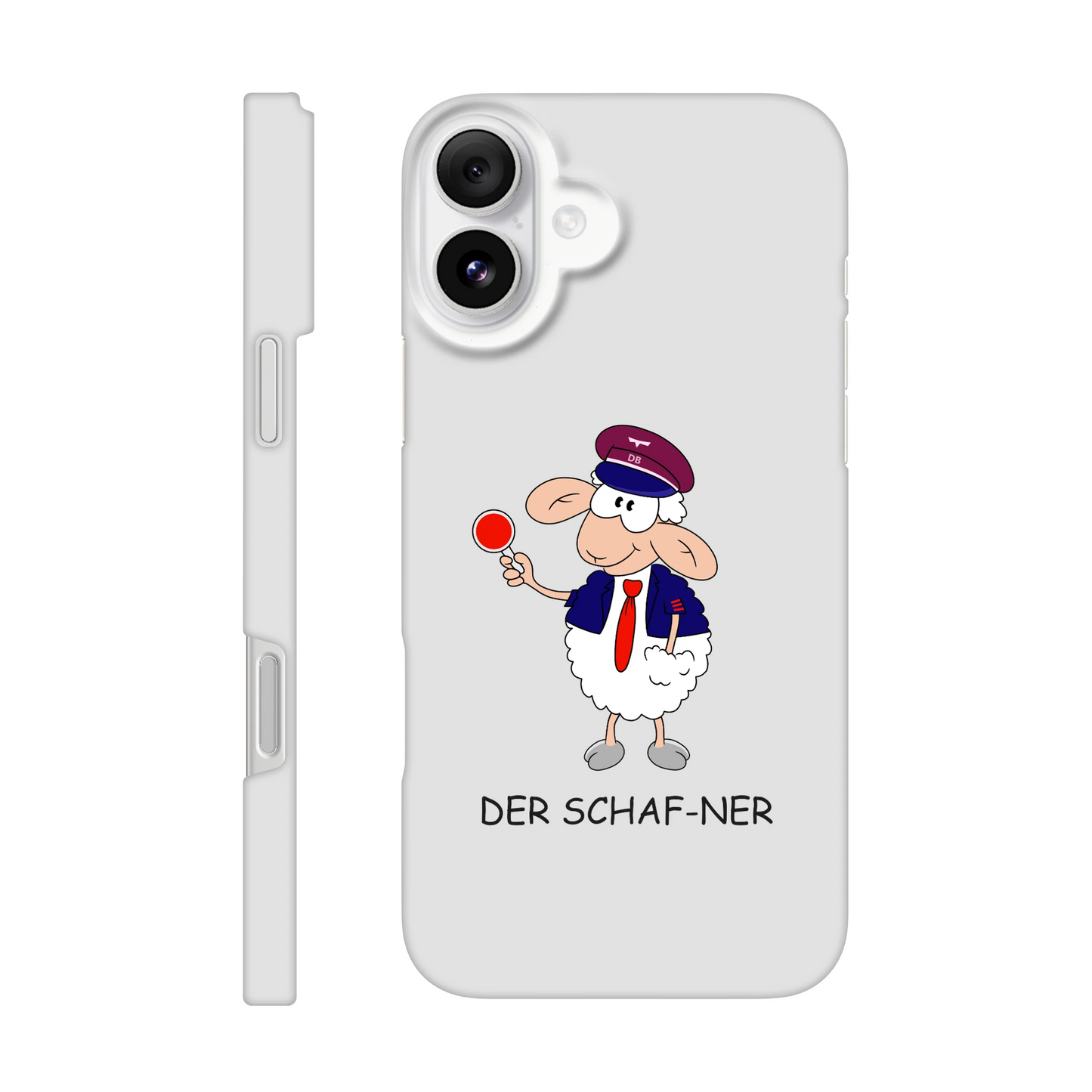 iPhone-Hülle, weiß mit diversen Ausschnitten passend zum ausgewählten Gerät. Aufgedruckt ist auf der Hülle der Cartoon "DER SCHAF-NER" von Antje Blumrodt Cartoons.