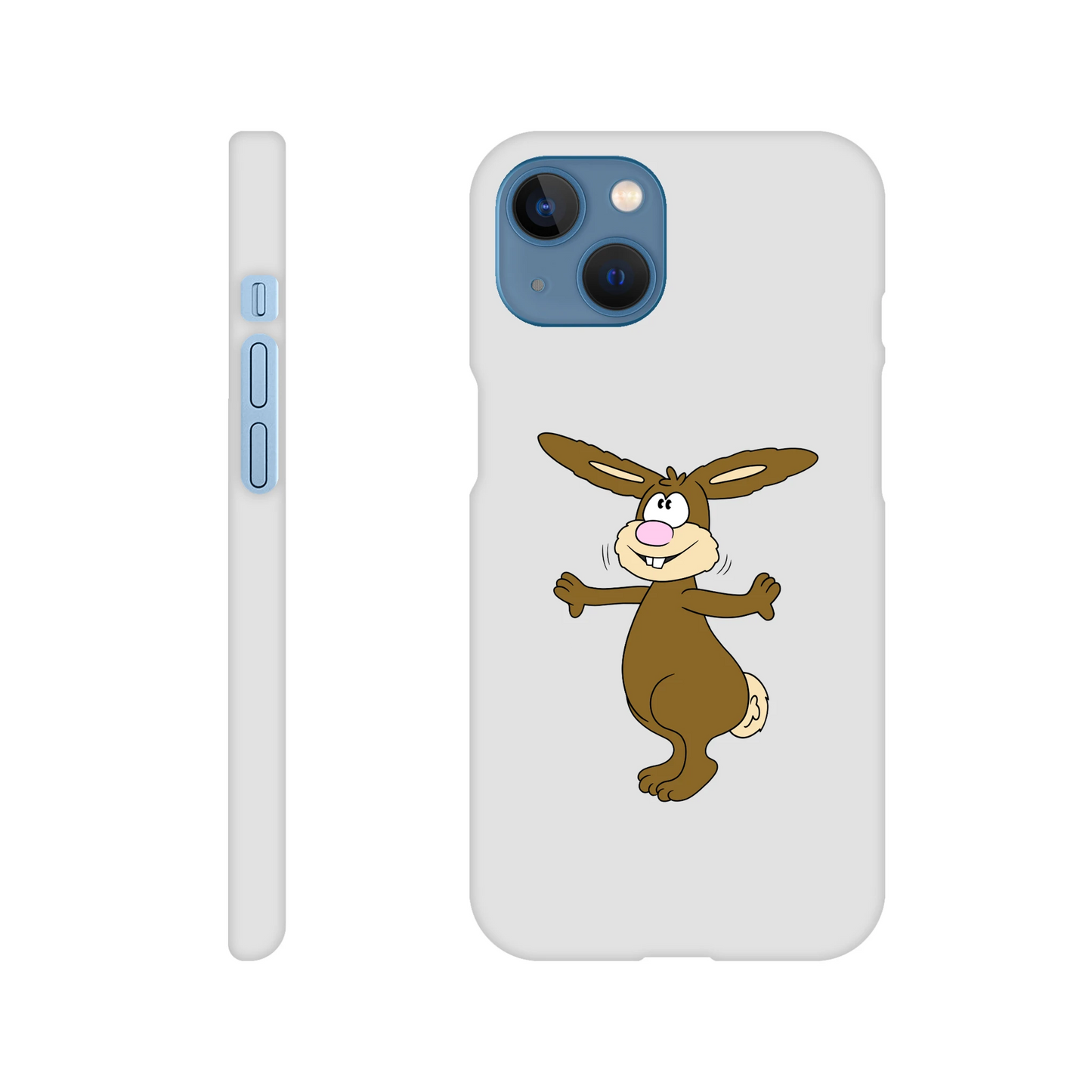 iPhone-Hülle, weiß mit diversen Ausschnitten passend zum ausgewählten Gerät. Aufgedruckt ist auf der Hülle der Cartoon "Benny the Bunny" von Antje Blumrodt Cartoons.