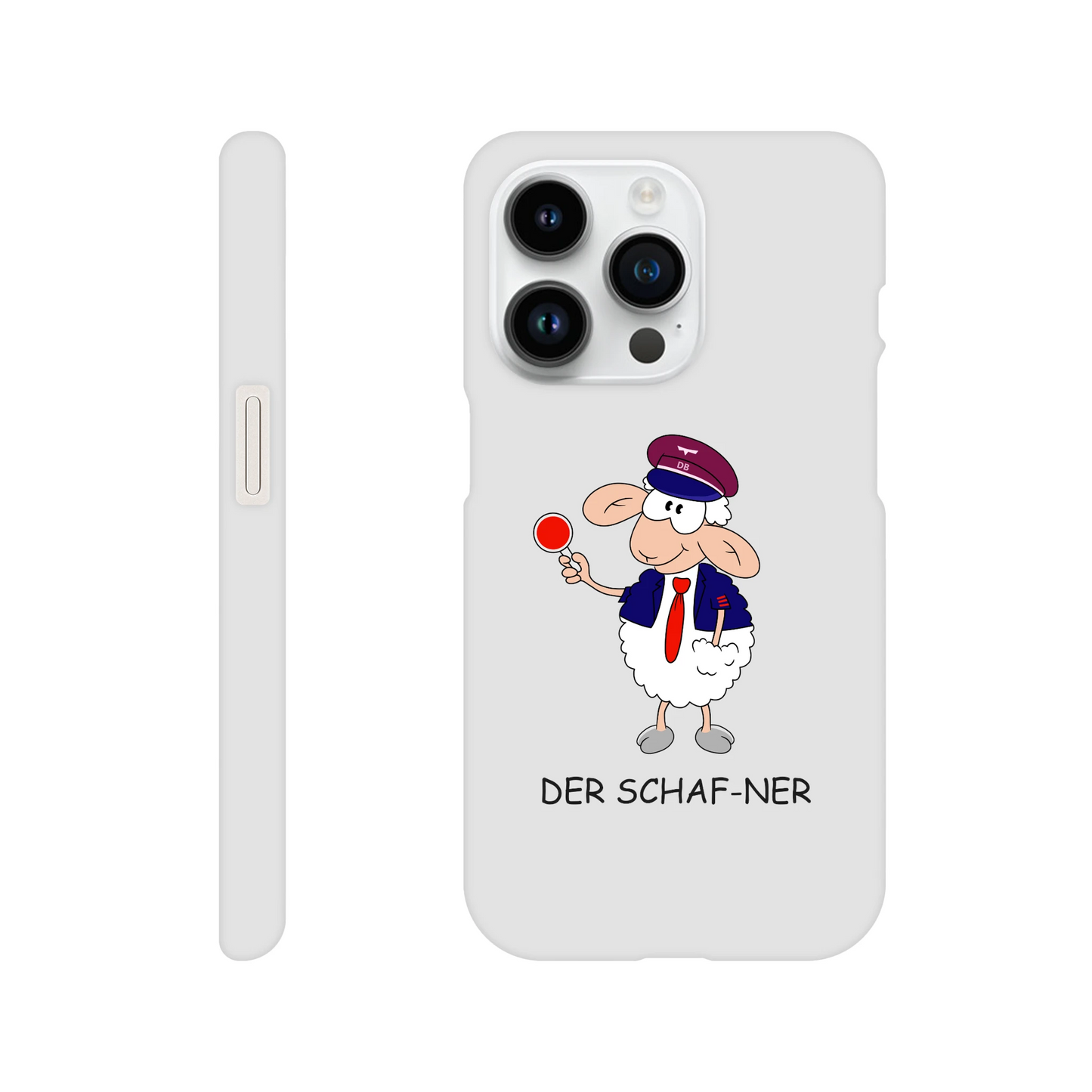 iPhone-Hülle, weiß mit diversen Ausschnitten passend zum ausgewählten Gerät. Aufgedruckt ist auf der Hülle der Cartoon "DER SCHAF-NER" von Antje Blumrodt Cartoons.
