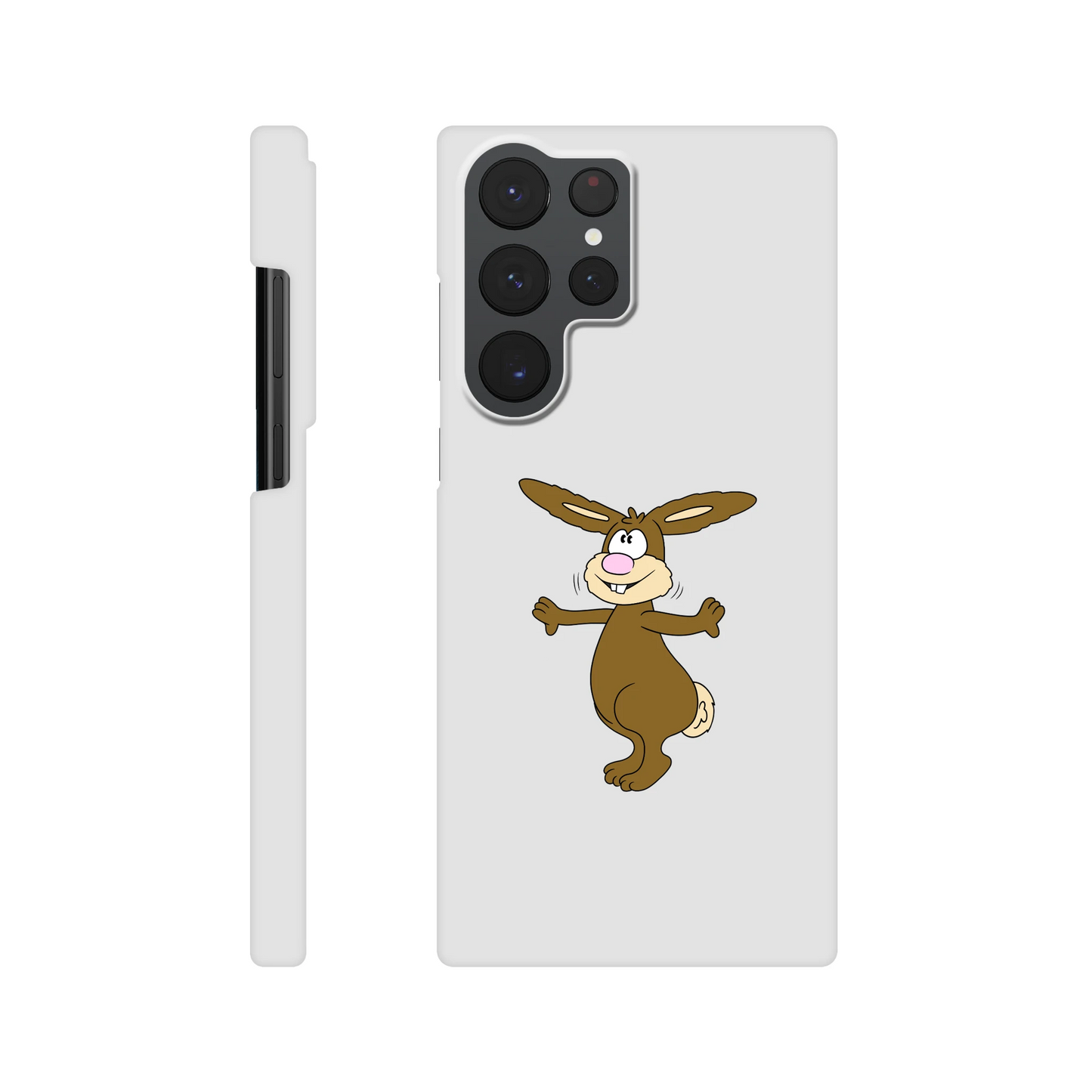 Eine Hülle für Samsung-Galaxy, weiß mit diversen Ausschnitten passend zum ausgewählten Gerät. Aufgedruckt ist auf der Hülle der Cartoon "Benny the Bunny" von Antje Blumrodt Cartoons.