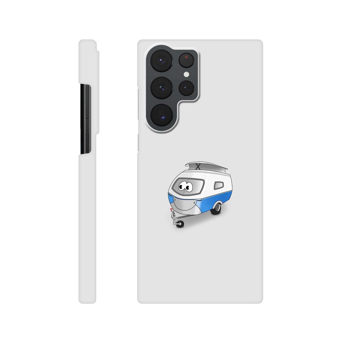 Eine Hülle für Samsung-Galaxy, weiß mit diversen Ausschnitten passend zum ausgewählten Gerät. Aufgedruckt ist auf der Hülle der Cartoon "Trollinchen" von Antje Blumrodt Cartoons.