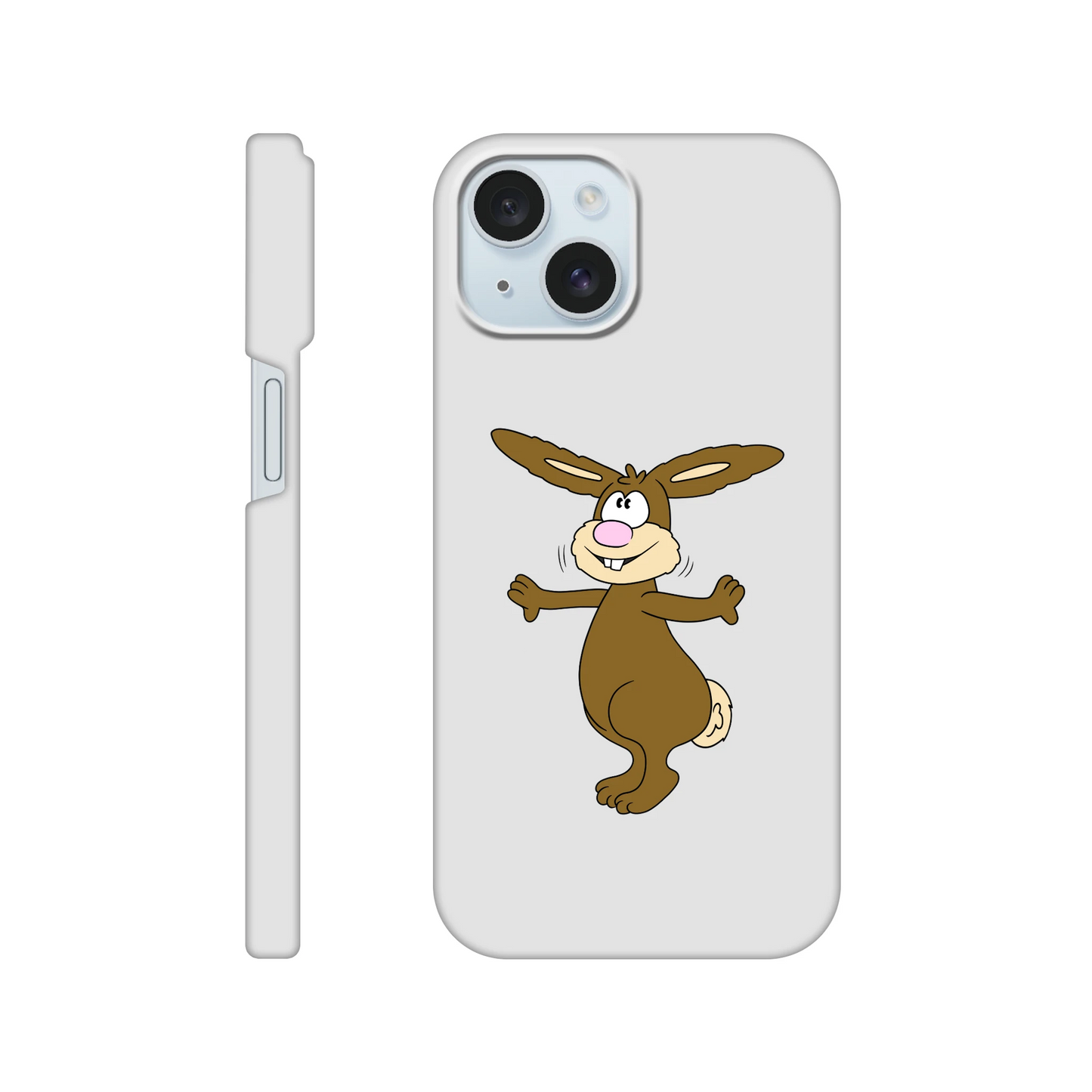 iPhone-Hülle, weiß mit diversen Ausschnitten passend zum ausgewählten Gerät. Aufgedruckt ist auf der Hülle der Cartoon "Benny the Bunny" von Antje Blumrodt Cartoons.