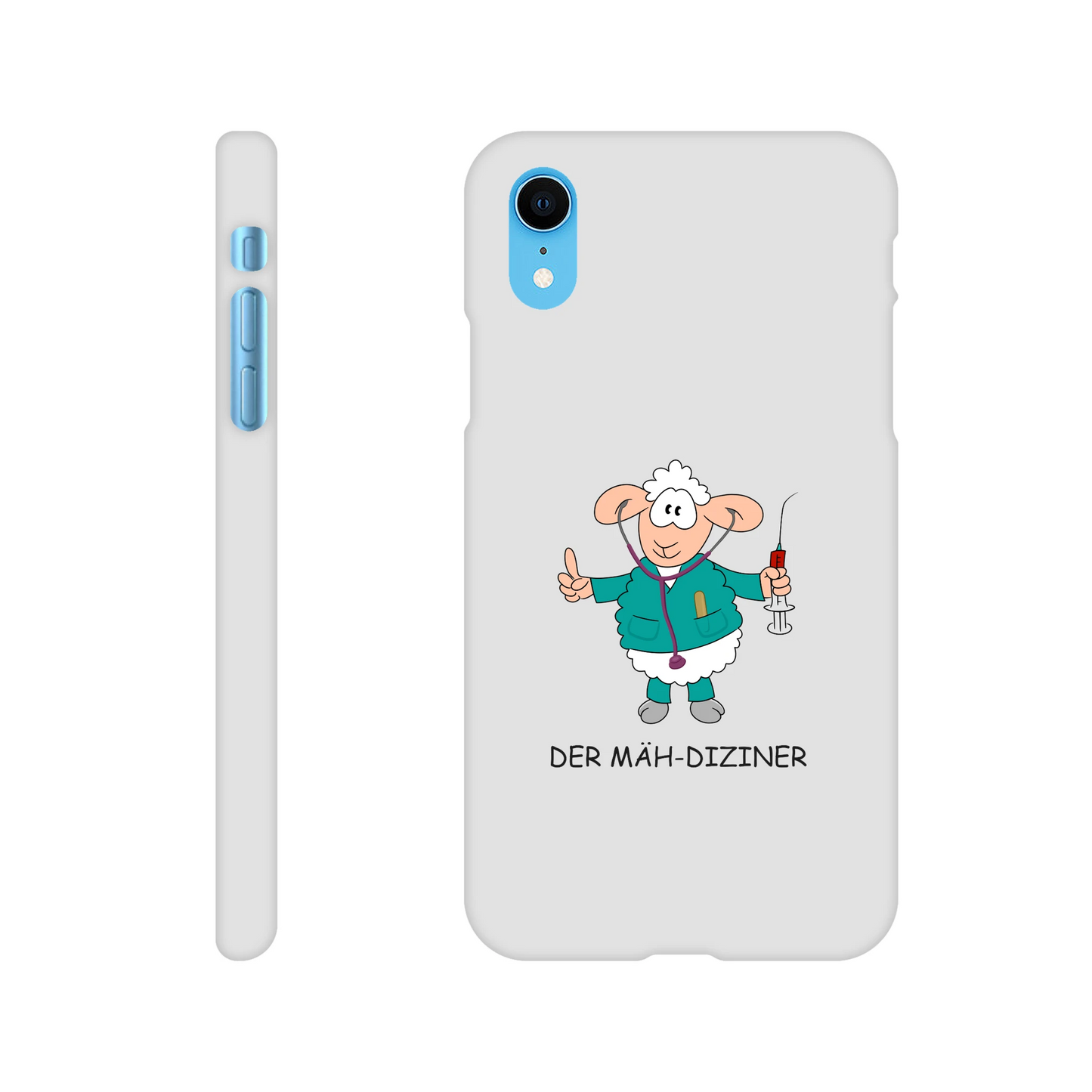 iPhone-Hülle, weiß mit diversen Ausschnitten passend zum ausgewählten Gerät. Aufgedruckt ist auf der Hülle der Cartoon "DER MÄH-DIZINER" von Antje Blumrodt Cartoons.