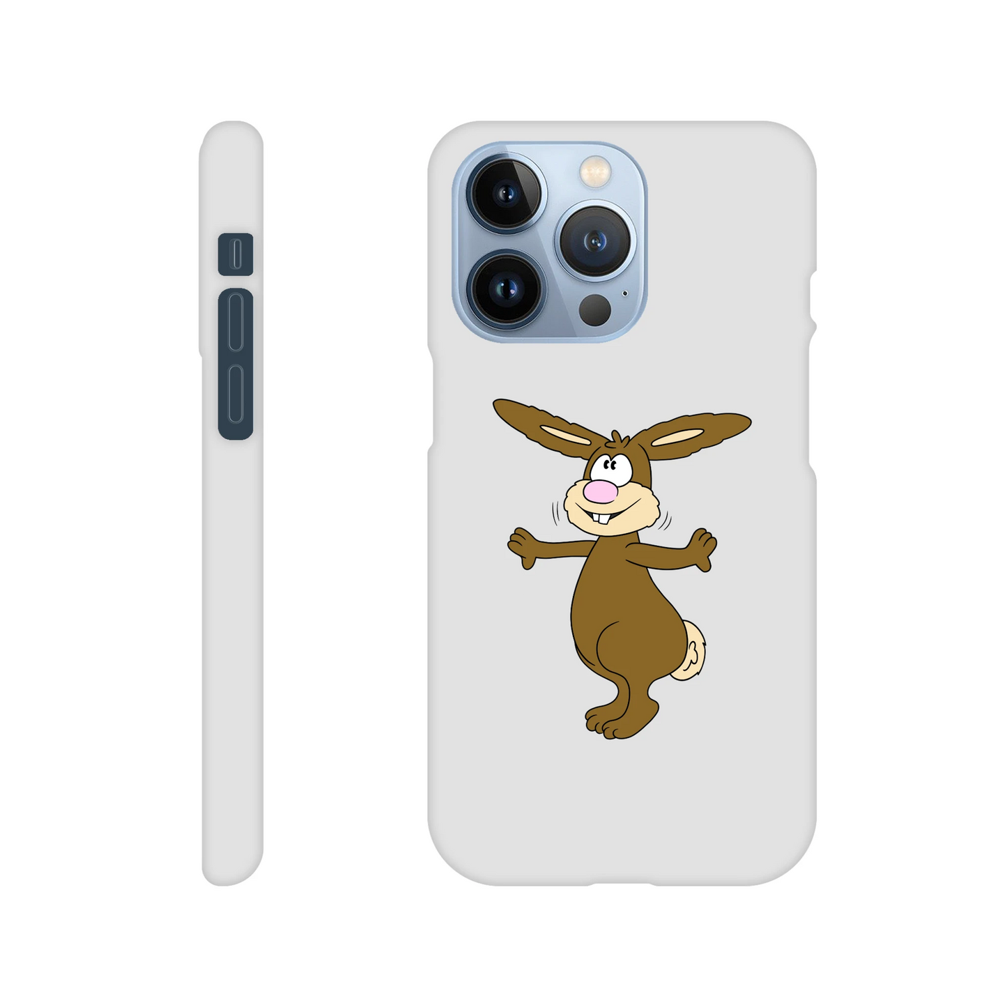 iPhone-Hülle, weiß mit diversen Ausschnitten passend zum ausgewählten Gerät. Aufgedruckt ist auf der Hülle der Cartoon "Benny the Bunny" von Antje Blumrodt Cartoons.
