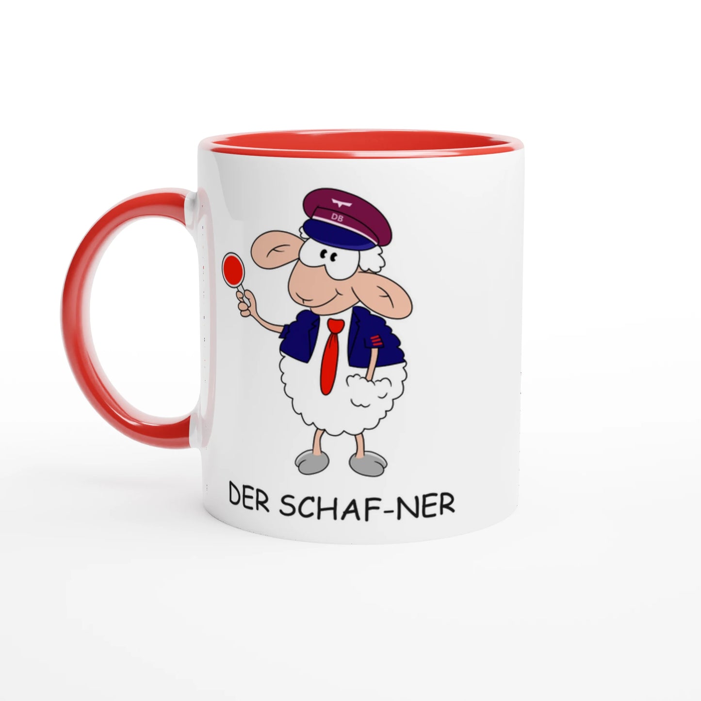 Das Bild zeigt eine Beispielaufnahme von dem Becher mit dem aufgedruckten Cartoon "Der Schaf-ner".