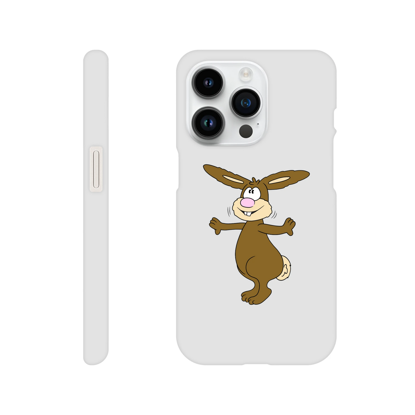 iPhone-Hülle, weiß mit diversen Ausschnitten passend zum ausgewählten Gerät. Aufgedruckt ist auf der Hülle der Cartoon "Benny the Bunny" von Antje Blumrodt Cartoons.