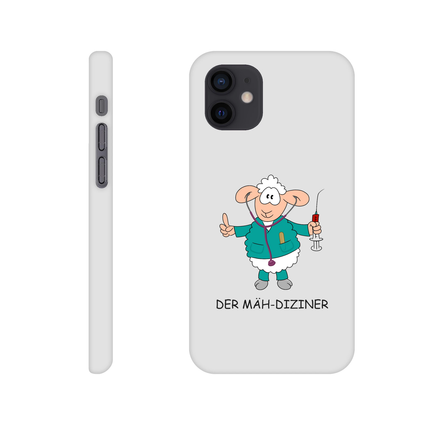 iPhone-Hülle, weiß mit diversen Ausschnitten passend zum ausgewählten Gerät. Aufgedruckt ist auf der Hülle der Cartoon "DER MÄH-DIZINER" von Antje Blumrodt Cartoons.