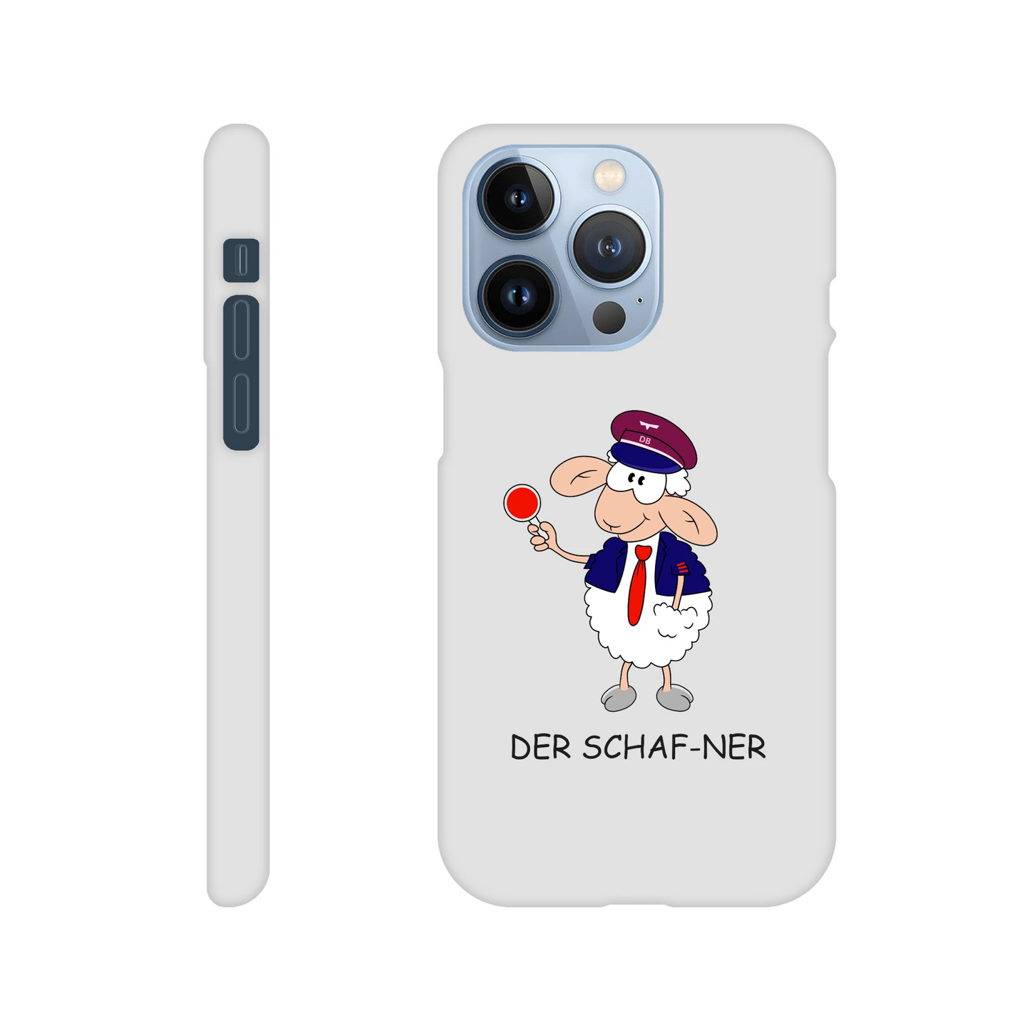 iPhone-Hülle, weiß mit diversen Ausschnitten passend zum ausgewählten Gerät. Aufgedruckt ist auf der Hülle der Cartoon "DER SCHAF-NER" von Antje Blumrodt Cartoons.
