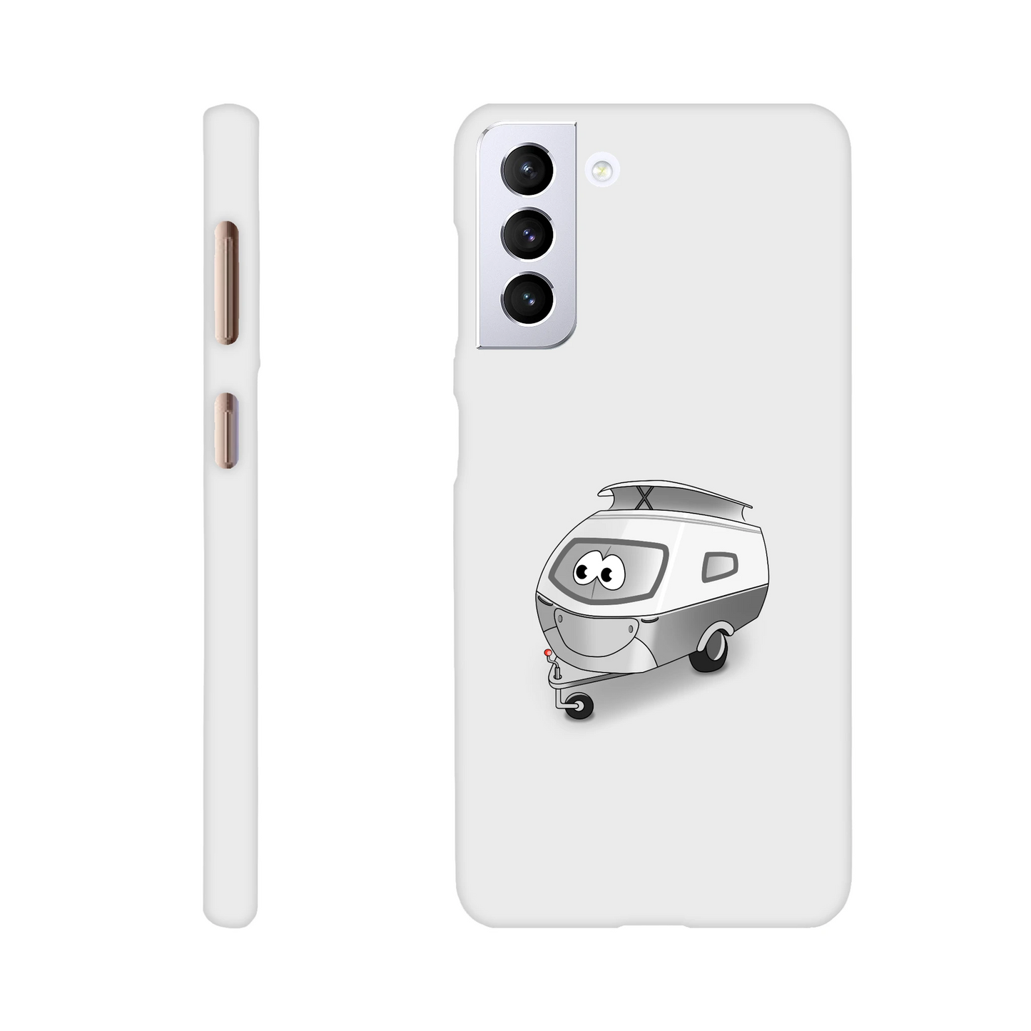 Eine Hülle für Samsung-Galaxy, weiß mit diversen Ausschnitten passend zum ausgewählten Gerät. Aufgedruckt ist auf der Hülle der Cartoon "Trollinchen" von Antje Blumrodt Cartoons.