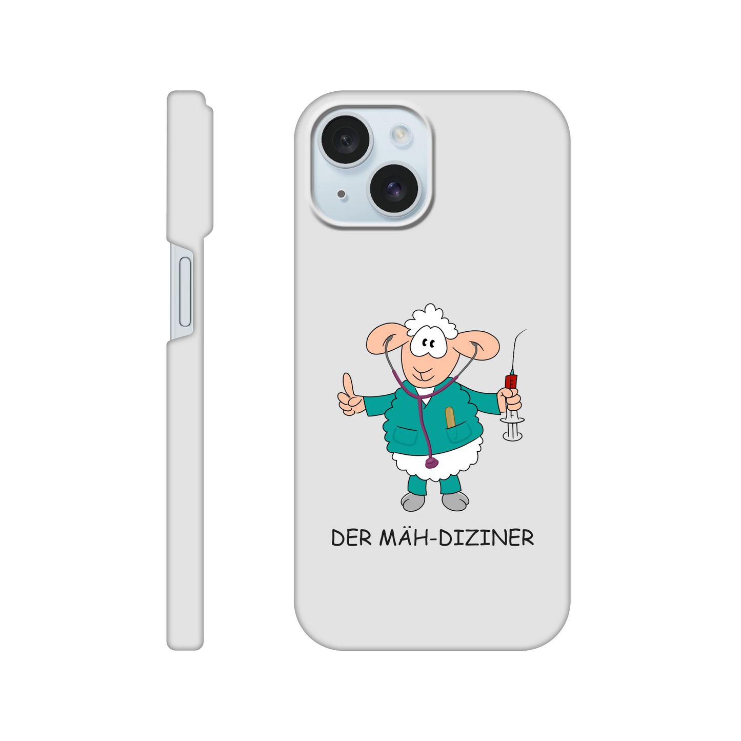 iPhone-Hülle, weiß mit diversen Ausschnitten passend zum ausgewählten Gerät. Aufgedruckt ist auf der Hülle der Cartoon "DER MÄH-DIZINER" von Antje Blumrodt Cartoons.