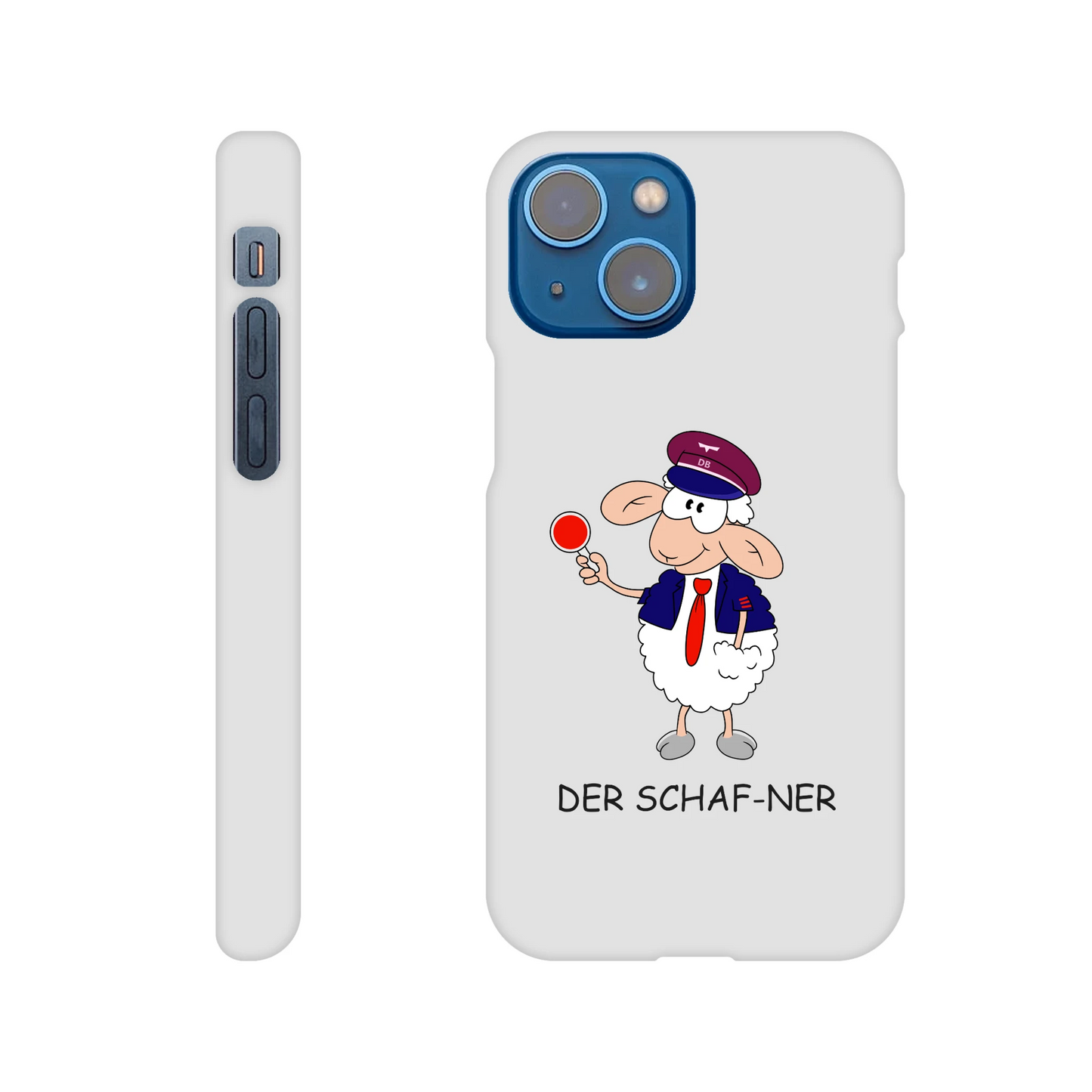 iPhone-Hülle, weiß mit diversen Ausschnitten passend zum ausgewählten Gerät. Aufgedruckt ist auf der Hülle der Cartoon "DER SCHAF-NER" von Antje Blumrodt Cartoons.