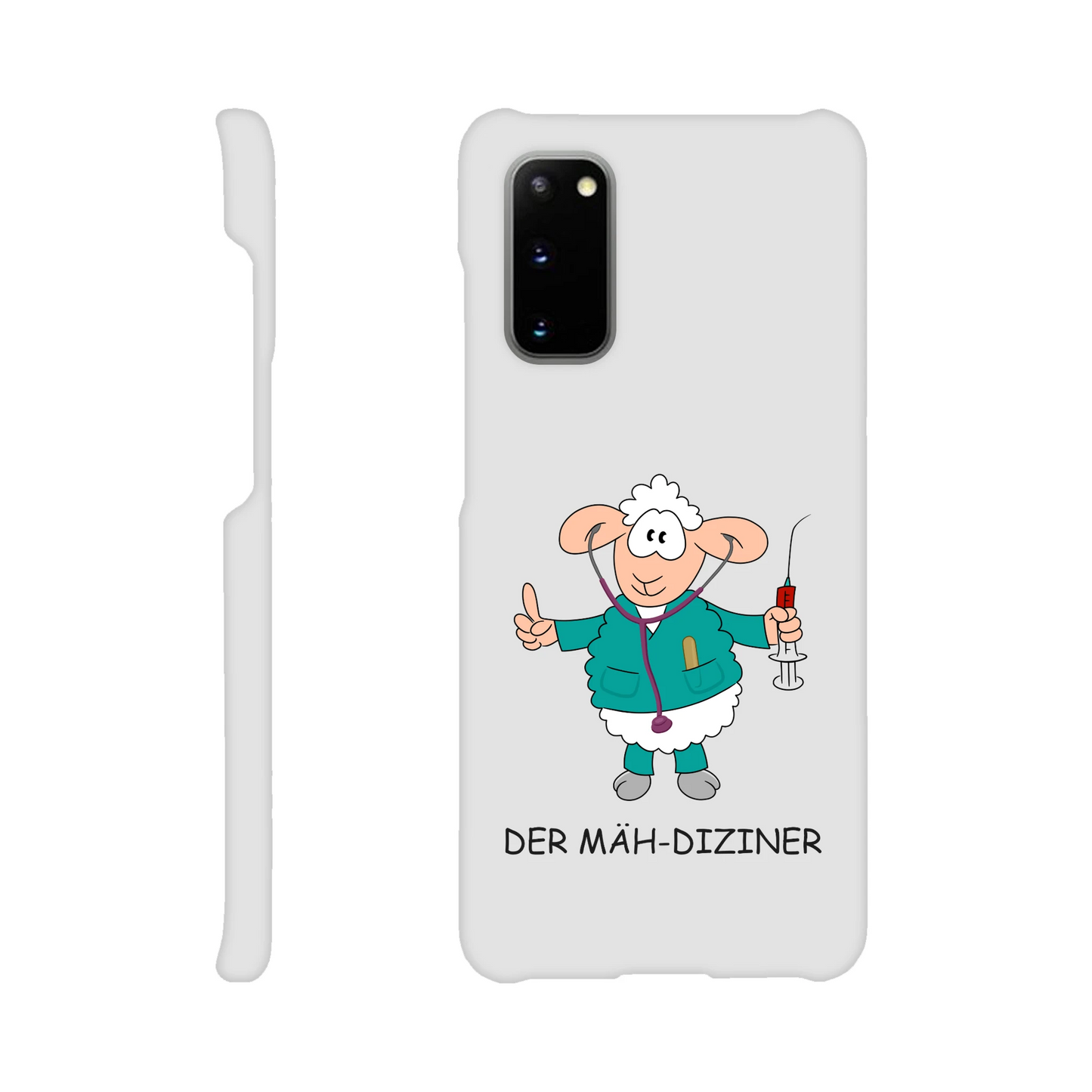 Eine Hülle für Samsung-Galaxy, weiß mit diversen Ausschnitten passend zum ausgewählten Gerät. Aufgedruckt ist auf der Hülle der Cartoon "DER MÄH-DIZINER von Antje Blumrodt Cartoons.