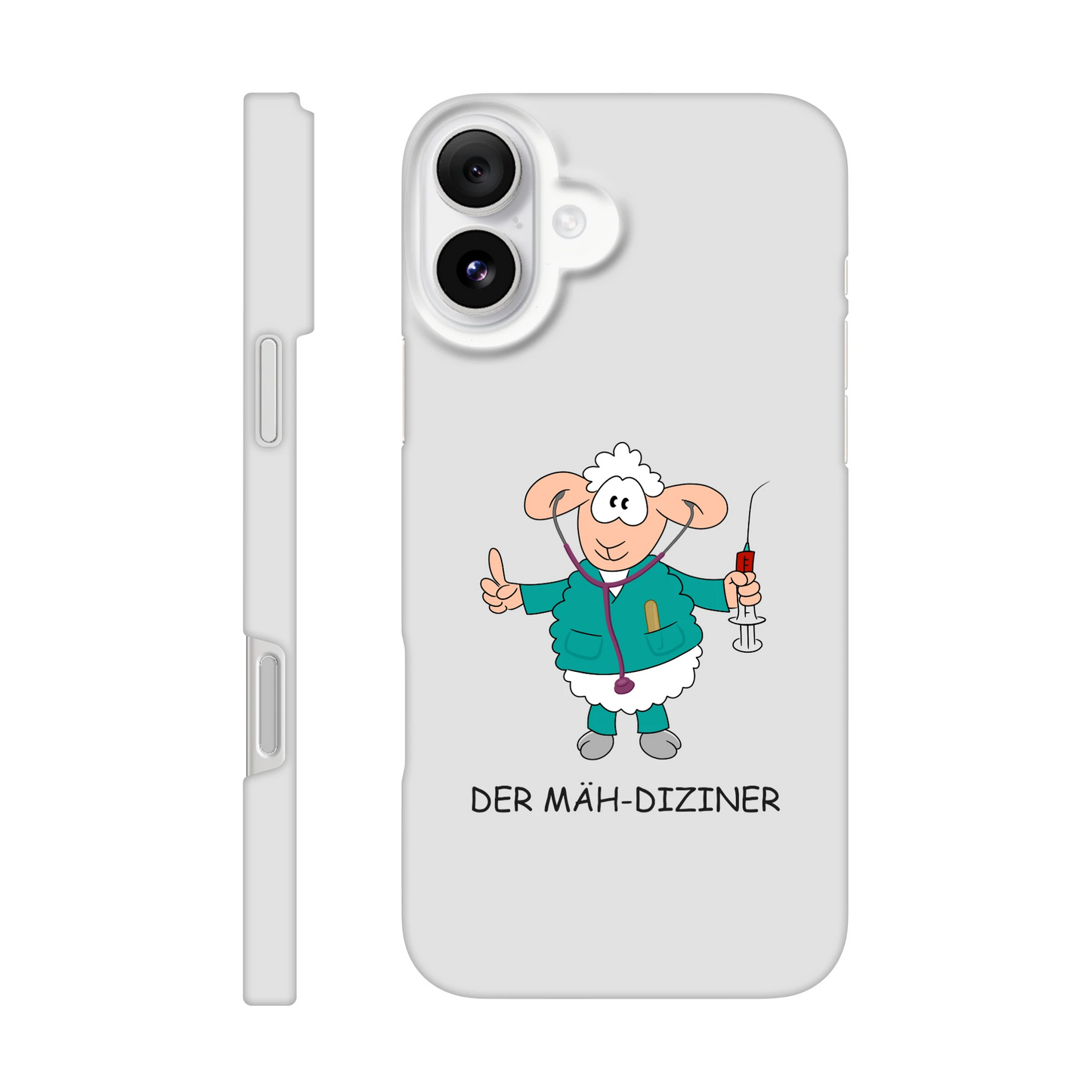 iPhone-Hülle, weiß mit diversen Ausschnitten passend zum ausgewählten Gerät. Aufgedruckt ist auf der Hülle der Cartoon "DER MÄH-DIZINER" von Antje Blumrodt Cartoons.