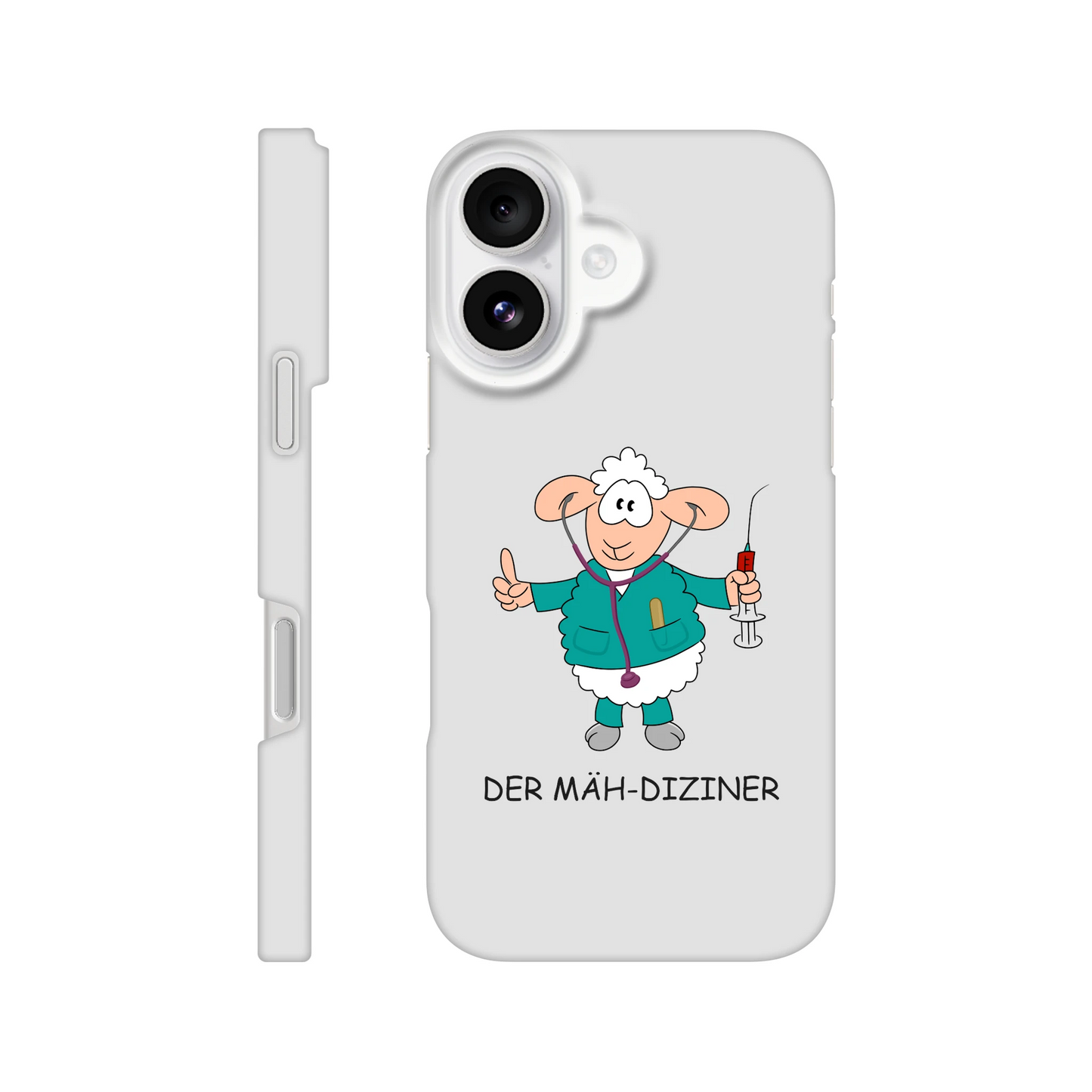 iPhone-Hülle, weiß mit diversen Ausschnitten passend zum ausgewählten Gerät. Aufgedruckt ist auf der Hülle der Cartoon "DER MÄH-DIZINER" von Antje Blumrodt Cartoons.