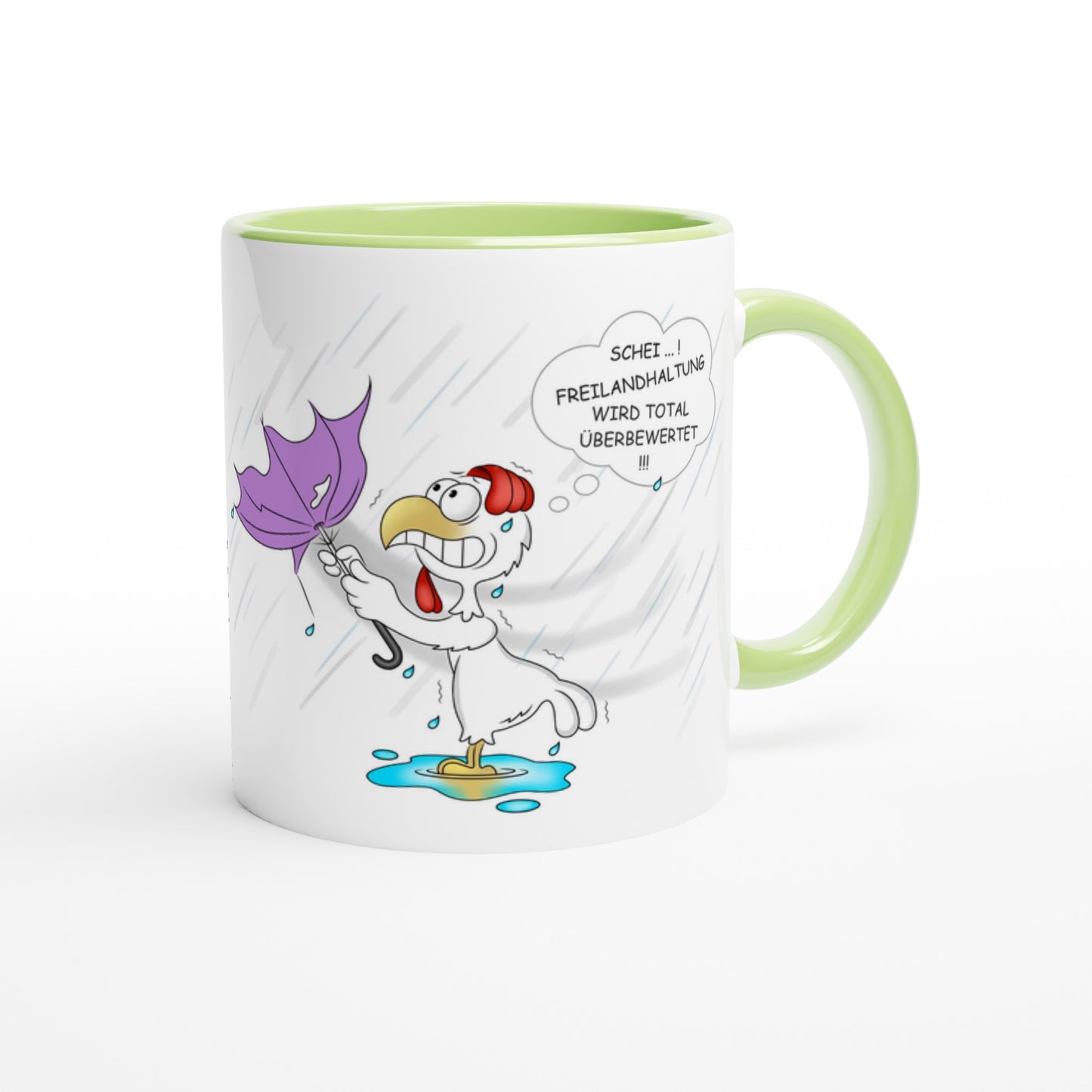 Das Bild zeigt eine Beispielaufnahme von dem Becher mit dem aufgedruckten Cartoon "Freilandhaltung“.
