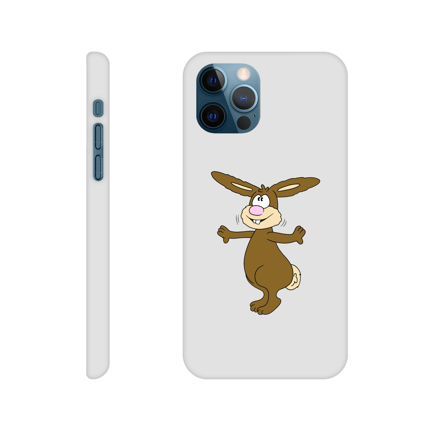 iPhone-Hülle, weiß mit diversen Ausschnitten passend zum ausgewählten Gerät. Aufgedruckt ist auf der Hülle der Cartoon "Benny the Bunny" von Antje Blumrodt Cartoons.