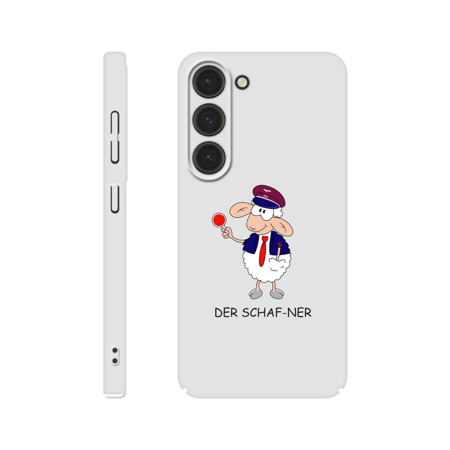 Eine Hülle für Samsung-Galaxy, weiß mit diversen Ausschnitten passend zum ausgewählten Gerät. Aufgedruckt ist auf der Hülle der Cartoon "DER SCHAF-NER" von Antje Blumrodt Cartoons.