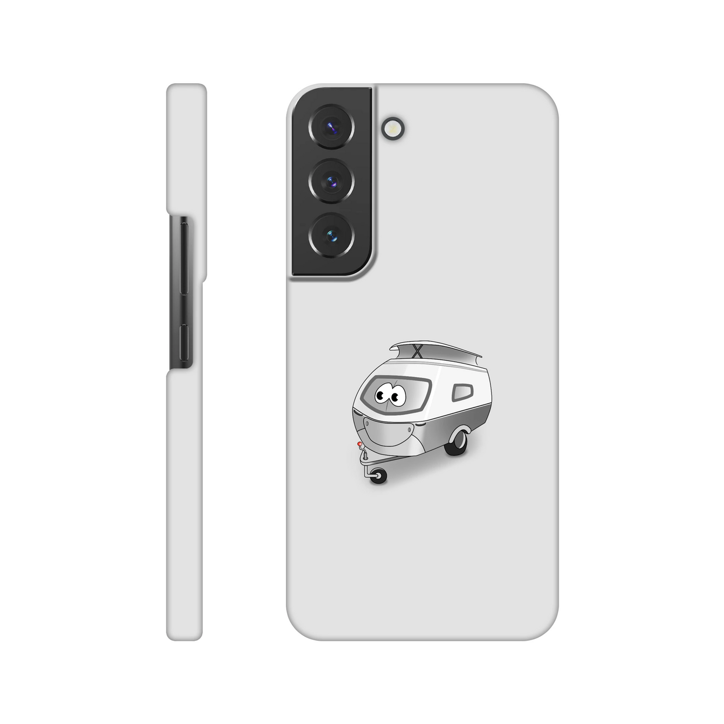 Eine Hülle für Samsung-Galaxy, weiß mit diversen Ausschnitten passend zum ausgewählten Gerät. Aufgedruckt ist auf der Hülle der Cartoon "Trollinchen" von Antje Blumrodt Cartoons.