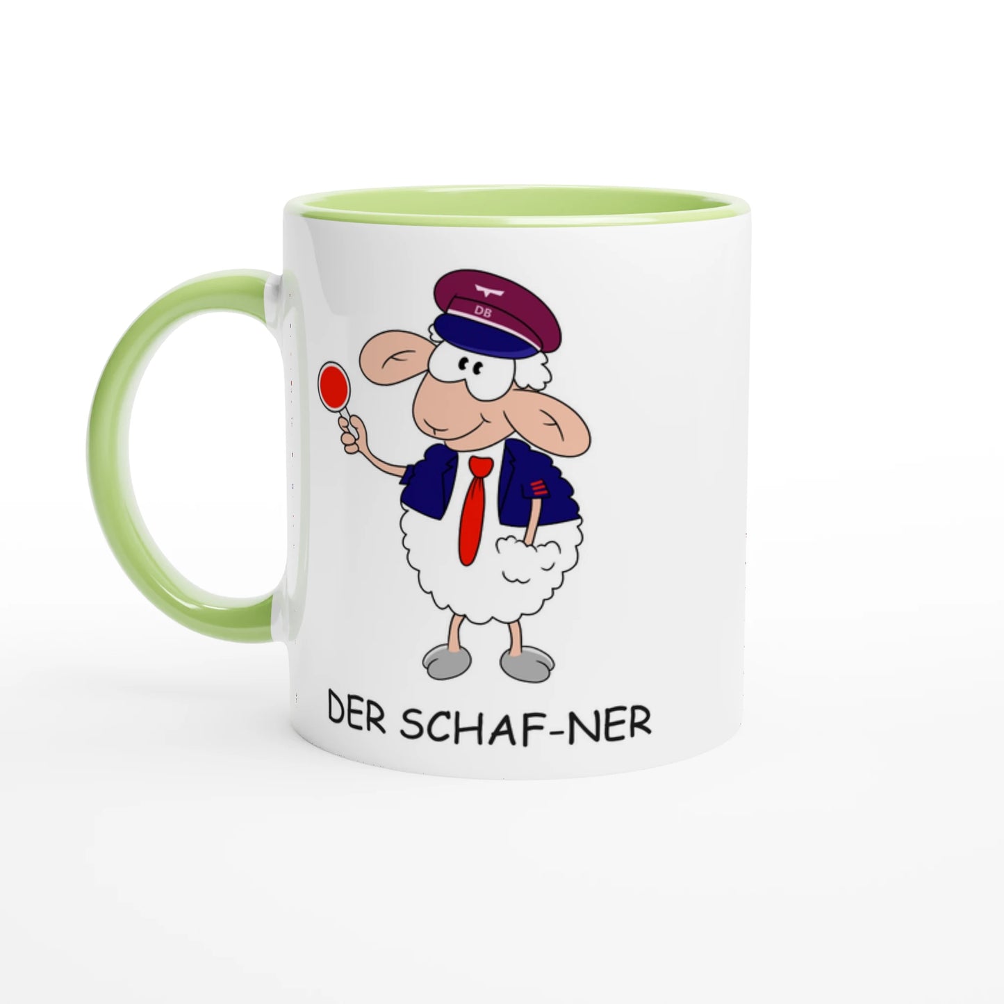 Das Bild zeigt eine Beispielaufnahme von dem Becher mit dem aufgedruckten Cartoon "Der Schaf-ner".