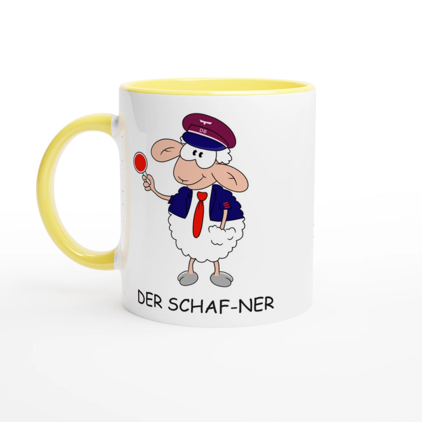 Das Bild zeigt eine Beispielaufnahme von dem Becher mit dem aufgedruckten Cartoon "Der Schaf-ner".