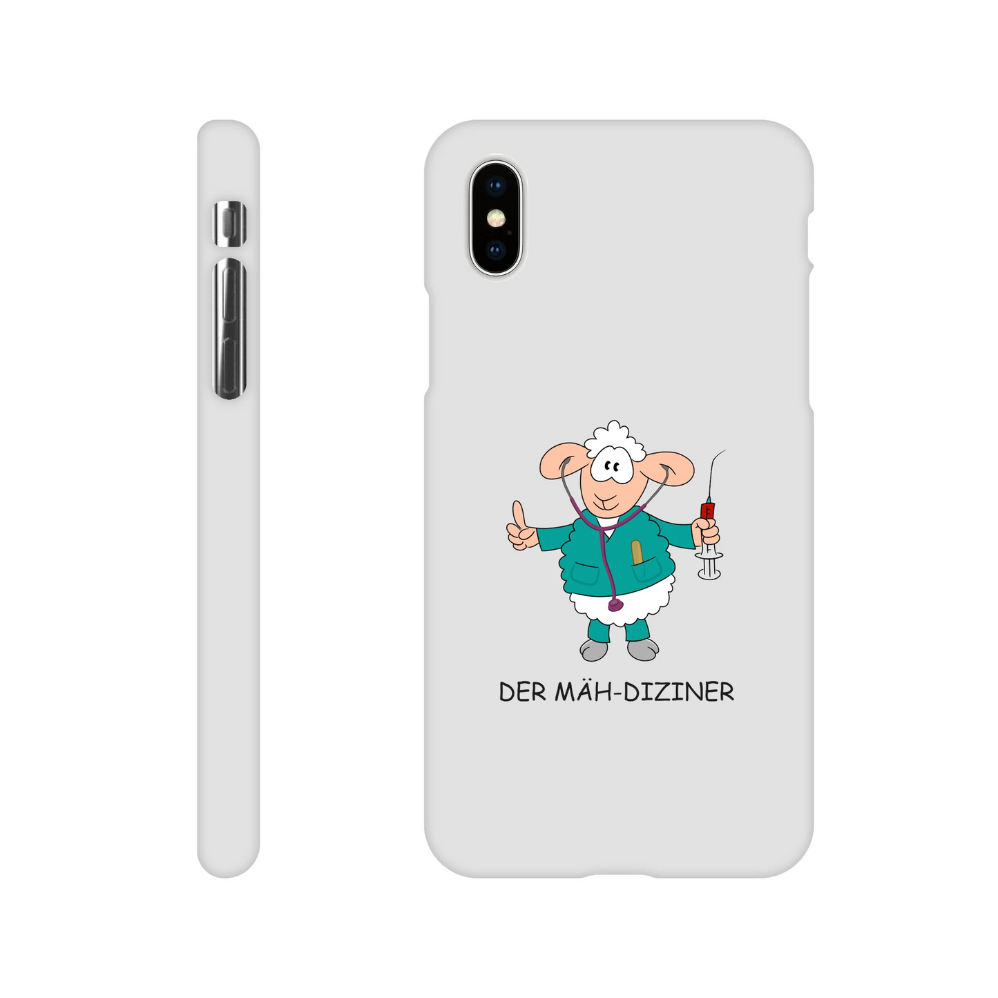 iPhone-Hülle, weiß mit diversen Ausschnitten passend zum ausgewählten Gerät. Aufgedruckt ist auf der Hülle der Cartoon "DER MÄH-DIZINER" von Antje Blumrodt Cartoons.