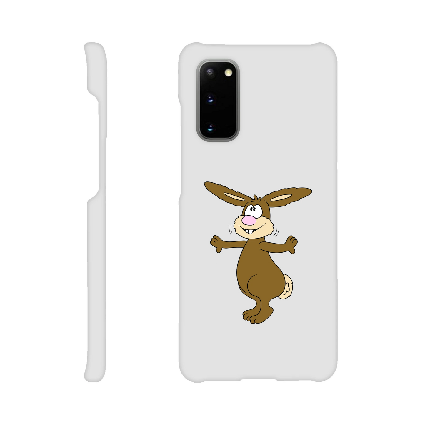Eine Hülle für Samsung-Galaxy, weiß mit diversen Ausschnitten passend zum ausgewählten Gerät. Aufgedruckt ist auf der Hülle der Cartoon "Benny the Bunny" von Antje Blumrodt Cartoons.