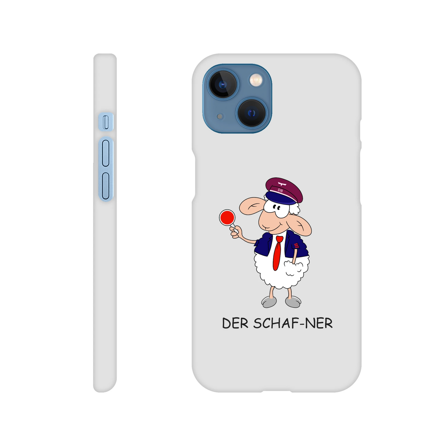 iPhone-Hülle, weiß mit diversen Ausschnitten passend zum ausgewählten Gerät. Aufgedruckt ist auf der Hülle der Cartoon "DER SCHAF-NER" von Antje Blumrodt Cartoons.