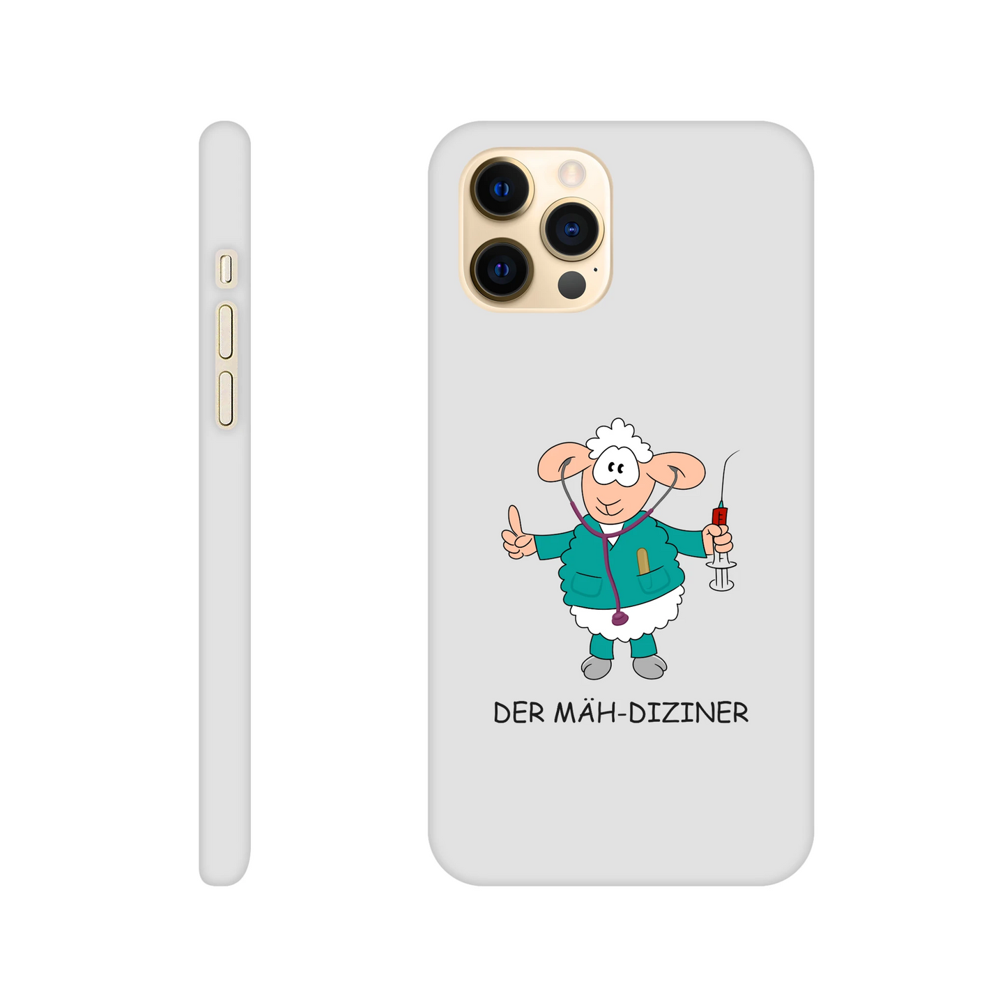 iPhone-Hülle, weiß mit diversen Ausschnitten passend zum ausgewählten Gerät. Aufgedruckt ist auf der Hülle der Cartoon "DER MÄH-DIZINER" von Antje Blumrodt Cartoons.