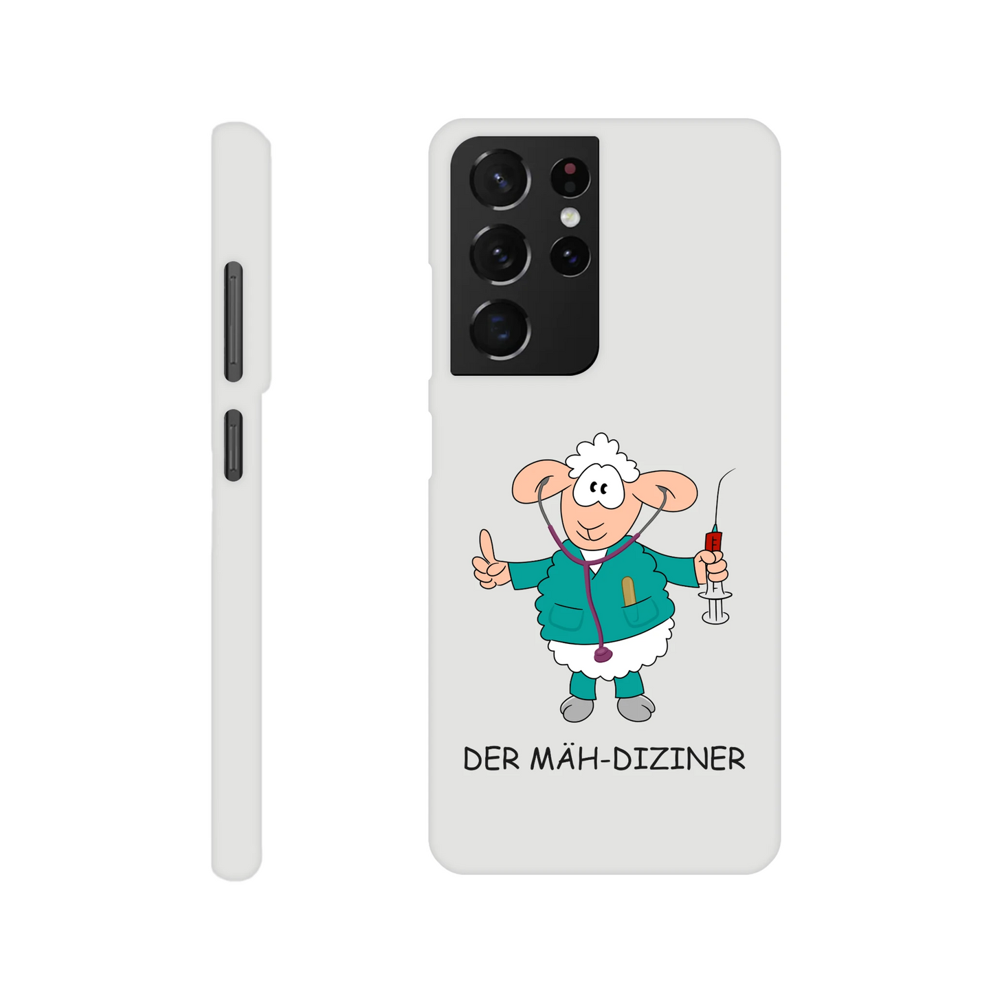 Eine Hülle für Samsung-Galaxy, weiß mit diversen Ausschnitten passend zum ausgewählten Gerät. Aufgedruckt ist auf der Hülle der Cartoon "DER MÄH-DIZINER von Antje Blumrodt Cartoons.