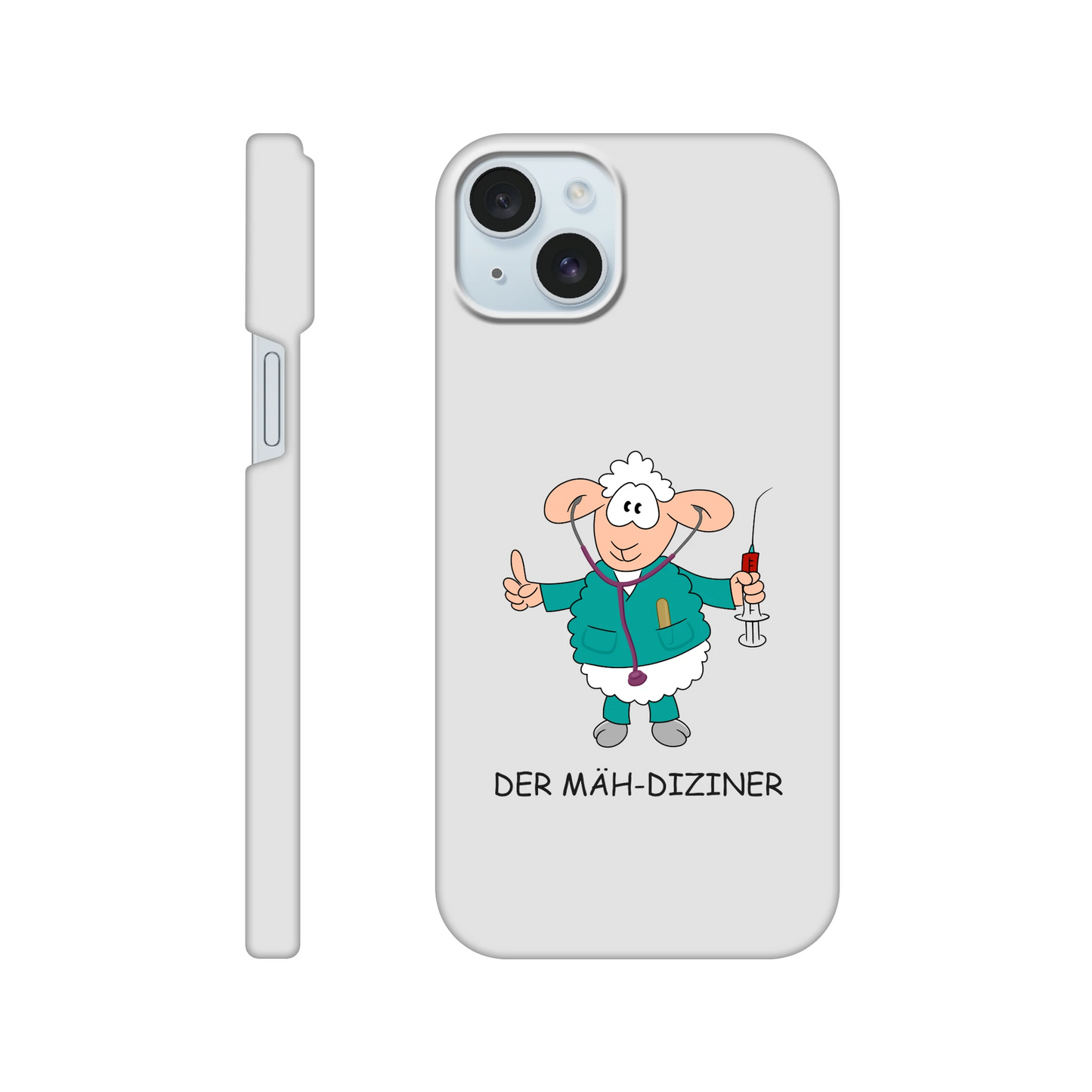 iPhone-Hülle, weiß mit diversen Ausschnitten passend zum ausgewählten Gerät. Aufgedruckt ist auf der Hülle der Cartoon "DER MÄH-DIZINER" von Antje Blumrodt Cartoons.