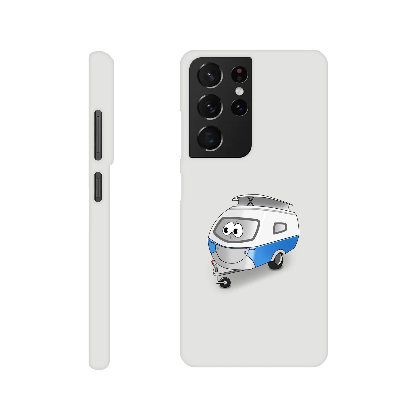 Eine Hülle für Samsung-Galaxy, weiß mit diversen Ausschnitten passend zum ausgewählten Gerät. Aufgedruckt ist auf der Hülle der Cartoon "Trollinchen" von Antje Blumrodt Cartoons.