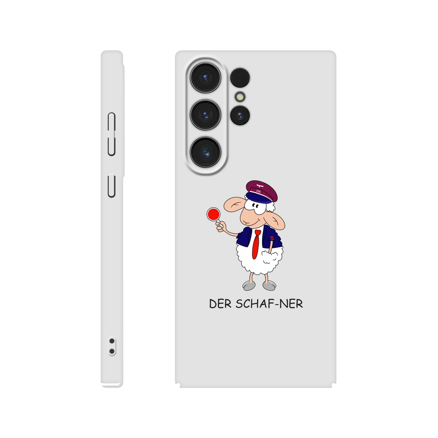 Eine Hülle für Samsung-Galaxy, weiß mit diversen Ausschnitten passend zum ausgewählten Gerät. Aufgedruckt ist auf der Hülle der Cartoon "DER SCHAF-NER" von Antje Blumrodt Cartoons.
