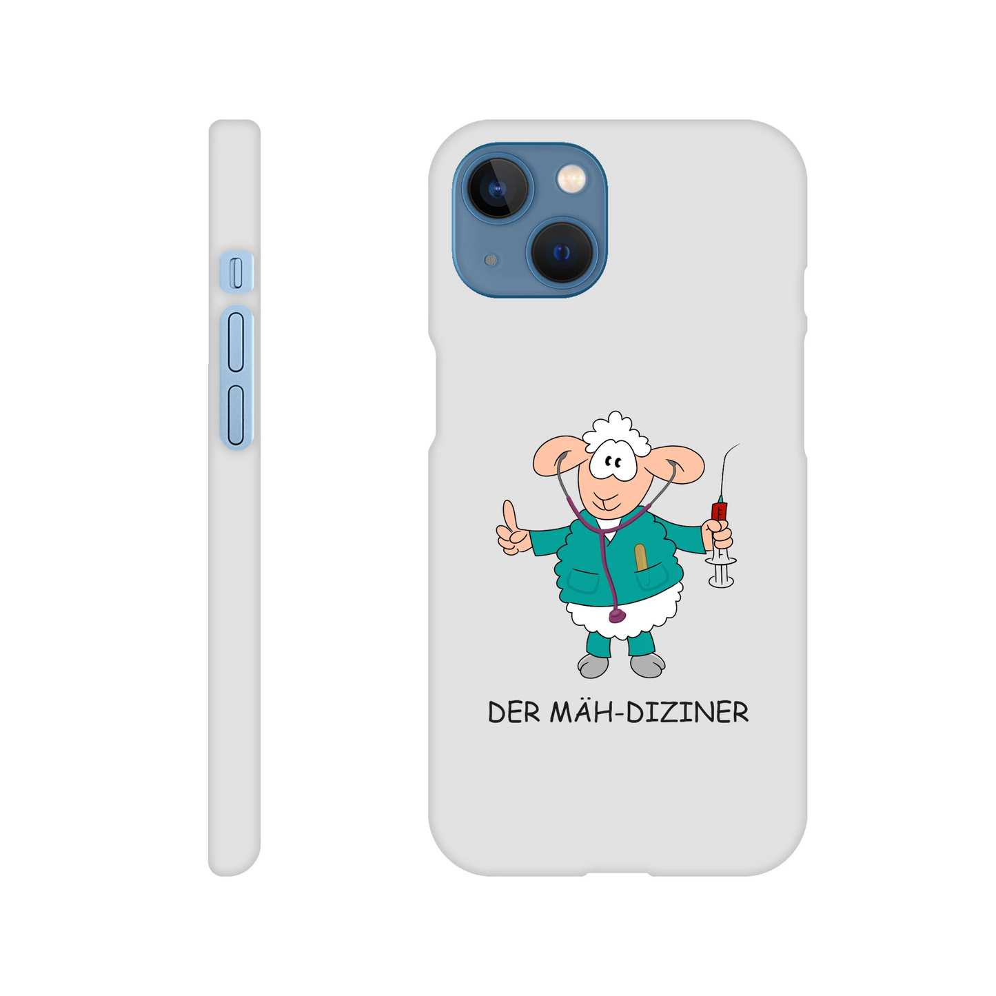 iPhone-Hülle, weiß mit diversen Ausschnitten passend zum ausgewählten Gerät. Aufgedruckt ist auf der Hülle der Cartoon "DER MÄH-DIZINER" von Antje Blumrodt Cartoons.