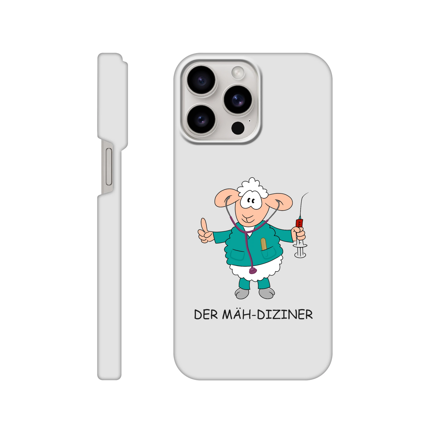 iPhone-Hülle, weiß mit diversen Ausschnitten passend zum ausgewählten Gerät. Aufgedruckt ist auf der Hülle der Cartoon "DER MÄH-DIZINER" von Antje Blumrodt Cartoons.