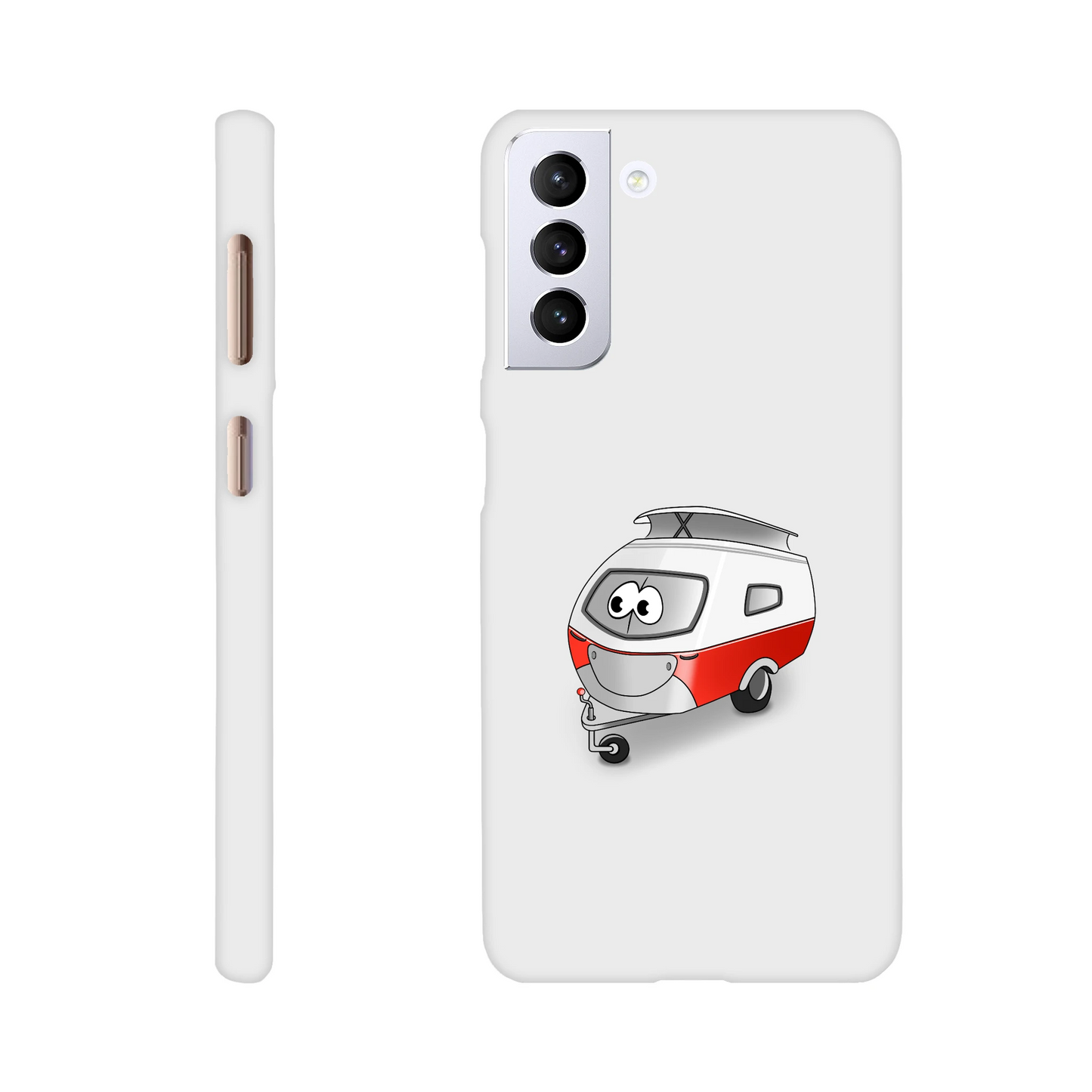 Eine Hülle für Samsung-Galaxy, weiß mit diversen Ausschnitten passend zum ausgewählten Gerät. Aufgedruckt ist auf der Hülle der Cartoon "Trollinchen" von Antje Blumrodt Cartoons.