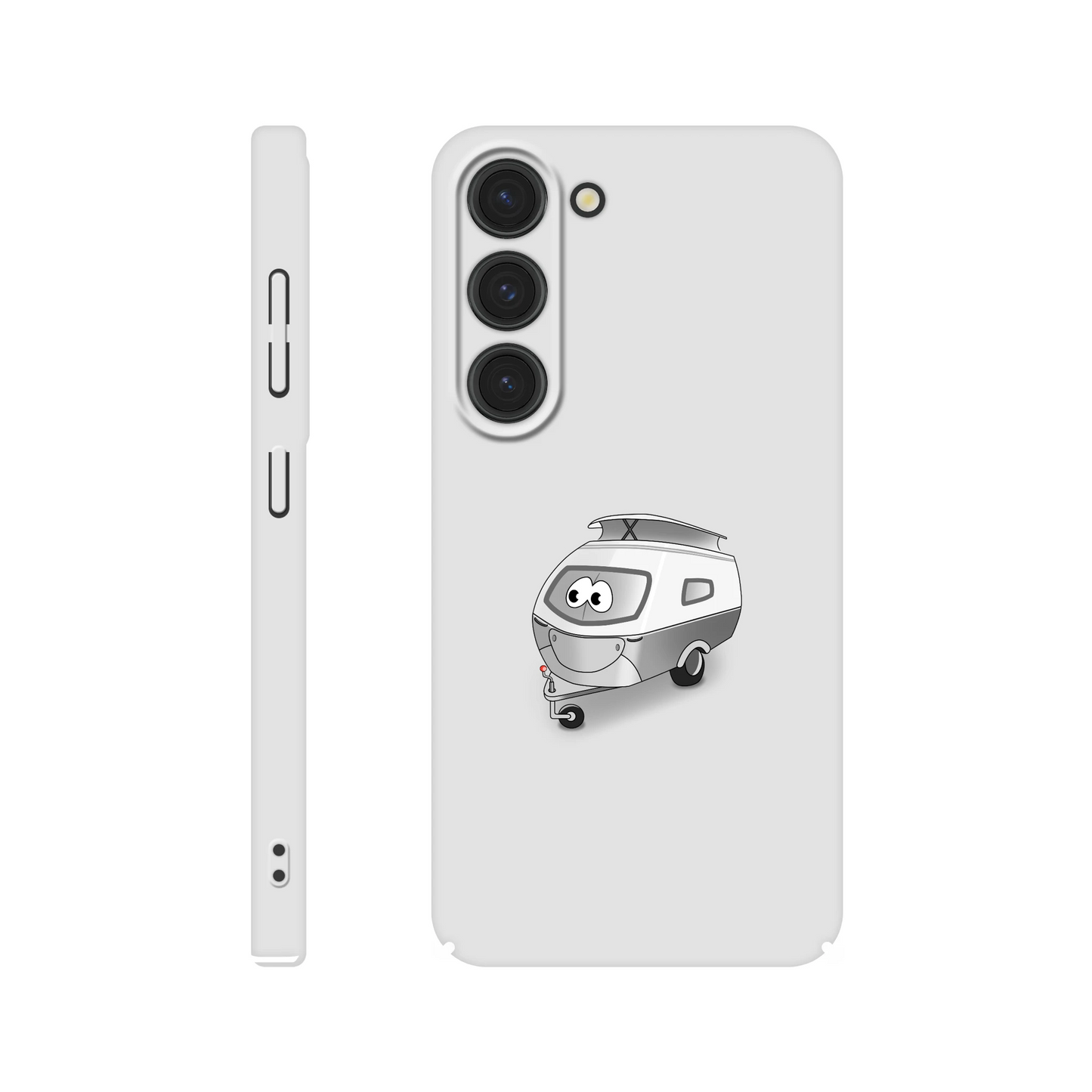 Eine Hülle für Samsung-Galaxy, weiß mit diversen Ausschnitten passend zum ausgewählten Gerät. Aufgedruckt ist auf der Hülle der Cartoon "Trollinchen" von Antje Blumrodt Cartoons.
