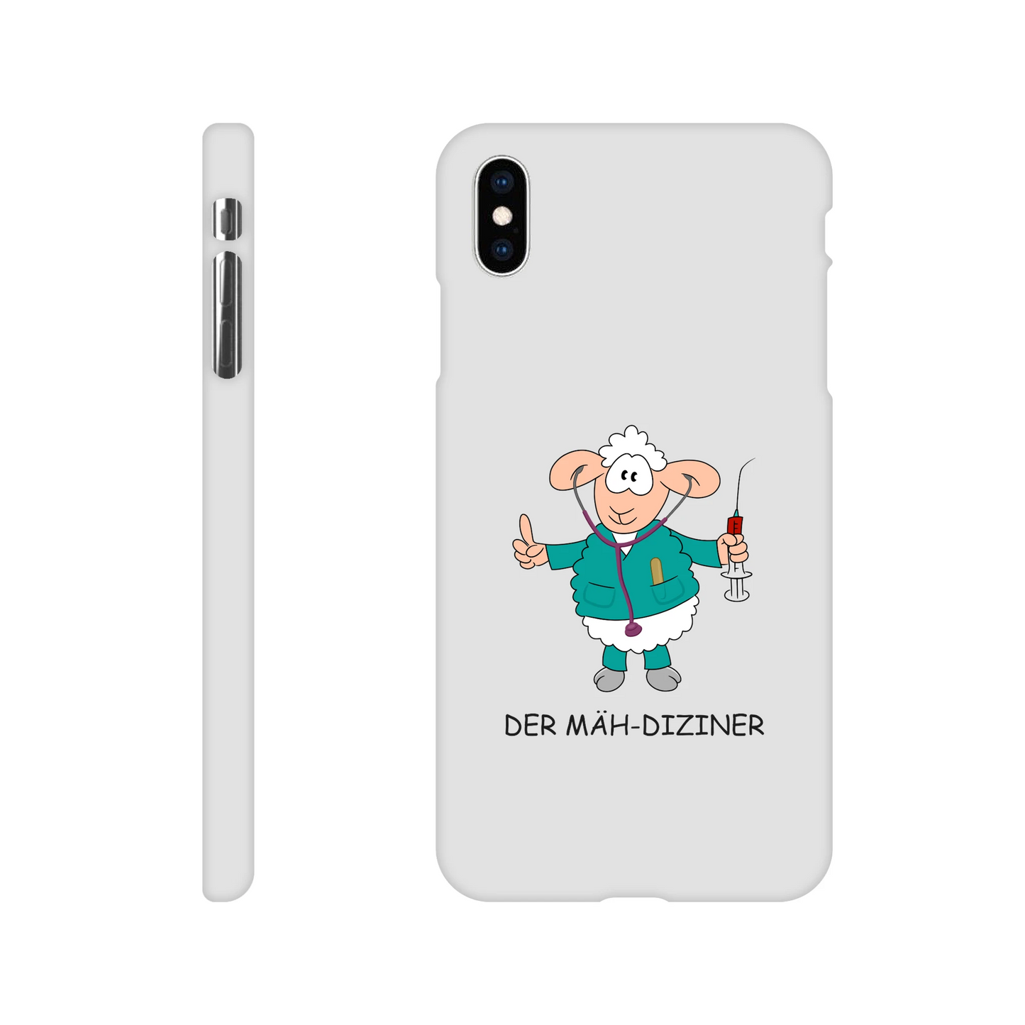 iPhone-Hülle, weiß mit diversen Ausschnitten passend zum ausgewählten Gerät. Aufgedruckt ist auf der Hülle der Cartoon "DER MÄH-DIZINER" von Antje Blumrodt Cartoons.