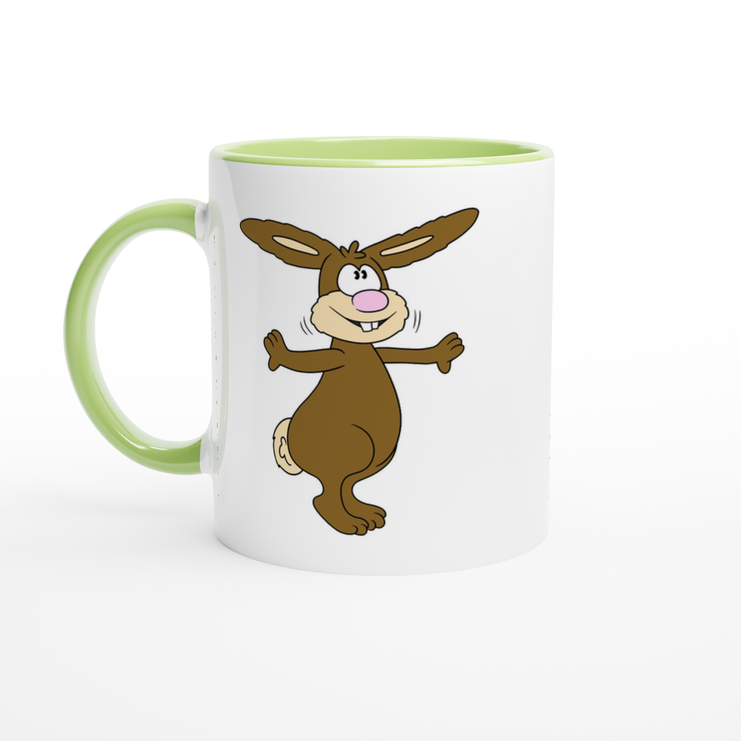 Das Bild zeigt eine Beispielaufnahme von dem Becher mit dem aufgedruckten Cartoon "Benny the Bunny“.