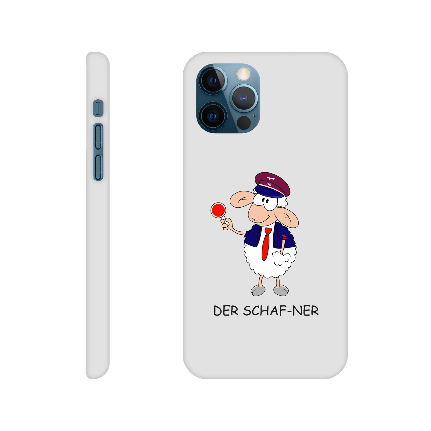 iPhone-Hülle, weiß mit diversen Ausschnitten passend zum ausgewählten Gerät. Aufgedruckt ist auf der Hülle der Cartoon "DER SCHAF-NER" von Antje Blumrodt Cartoons.