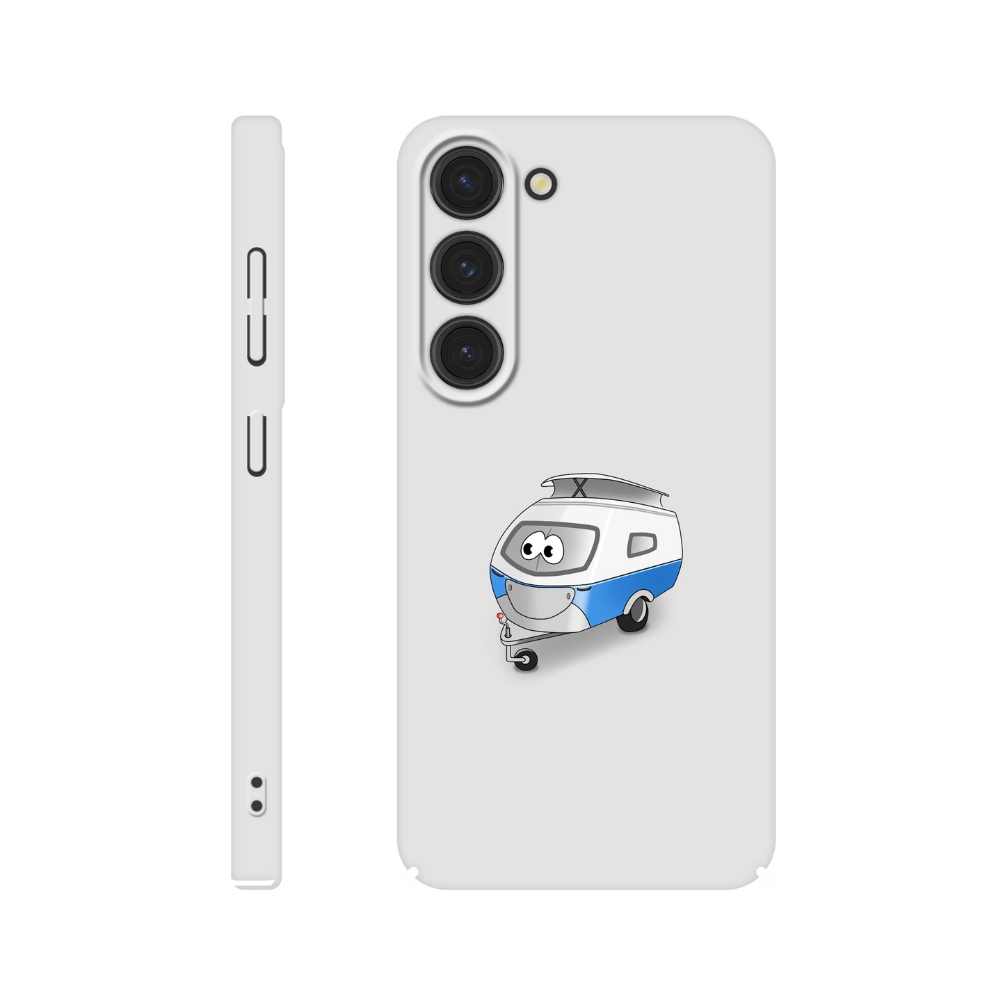 Eine Hülle für Samsung-Galaxy, weiß mit diversen Ausschnitten passend zum ausgewählten Gerät. Aufgedruckt ist auf der Hülle der Cartoon "Trollinchen" von Antje Blumrodt Cartoons.