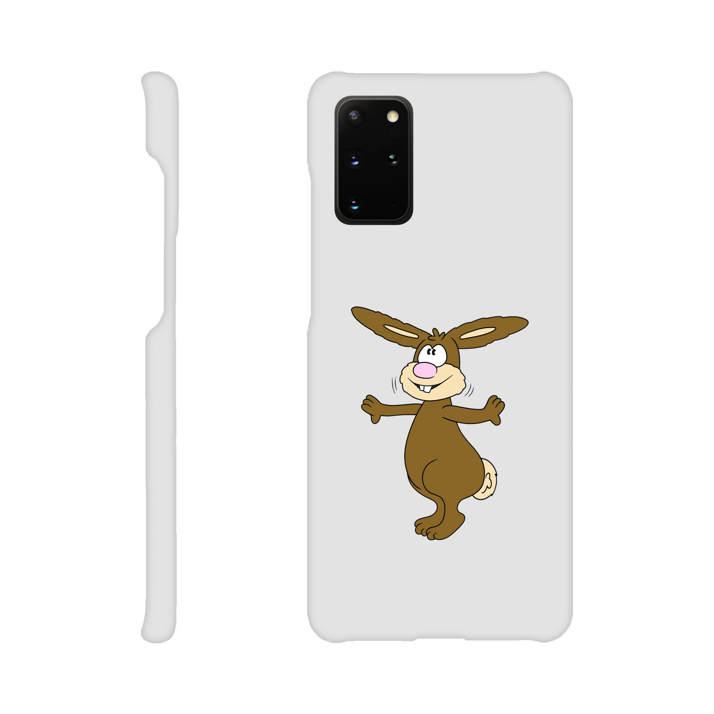 Eine Hülle für Samsung-Galaxy, weiß mit diversen Ausschnitten passend zum ausgewählten Gerät. Aufgedruckt ist auf der Hülle der Cartoon "Benny the Bunny" von Antje Blumrodt Cartoons.