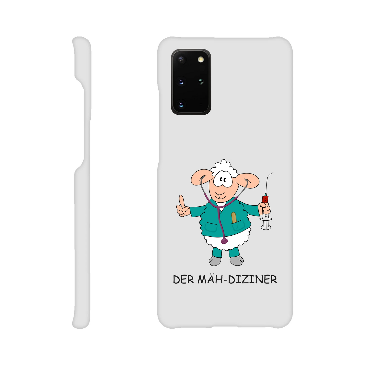 Eine Hülle für Samsung-Galaxy, weiß mit diversen Ausschnitten passend zum ausgewählten Gerät. Aufgedruckt ist auf der Hülle der Cartoon "DER MÄH-DIZINER von Antje Blumrodt Cartoons.