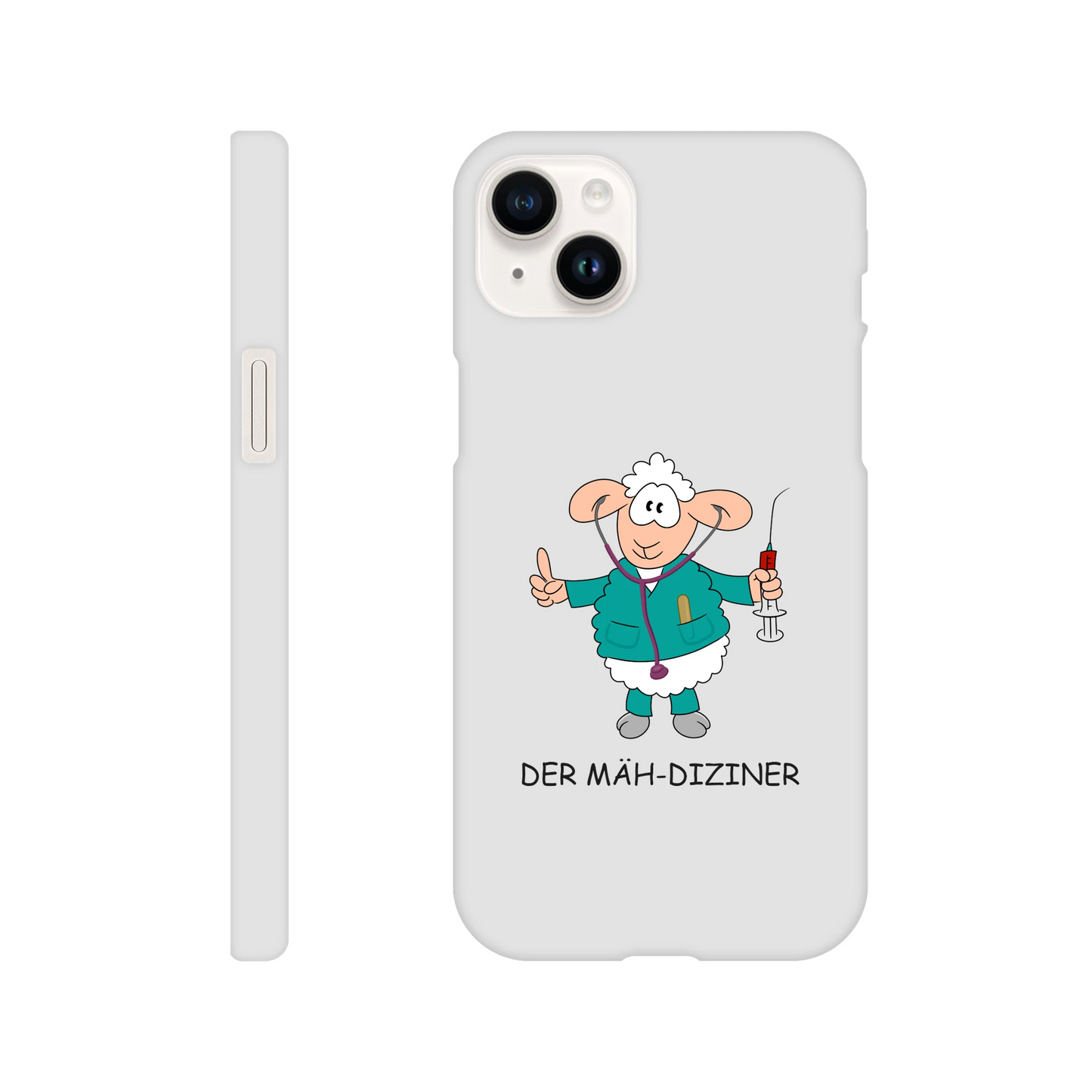 iPhone-Hülle, weiß mit diversen Ausschnitten passend zum ausgewählten Gerät. Aufgedruckt ist auf der Hülle der Cartoon "DER MÄH-DIZINER" von Antje Blumrodt Cartoons.
