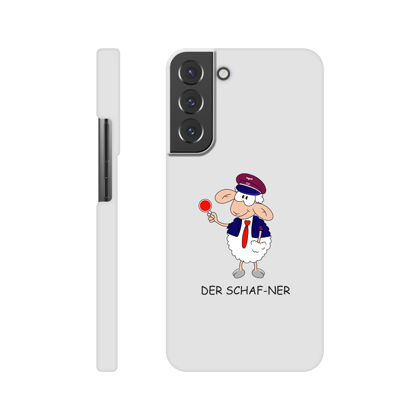 Eine Hülle für Samsung-Galaxy, weiß mit diversen Ausschnitten passend zum ausgewählten Gerät. Aufgedruckt ist auf der Hülle der Cartoon "DER SCHAF-NER" von Antje Blumrodt Cartoons.