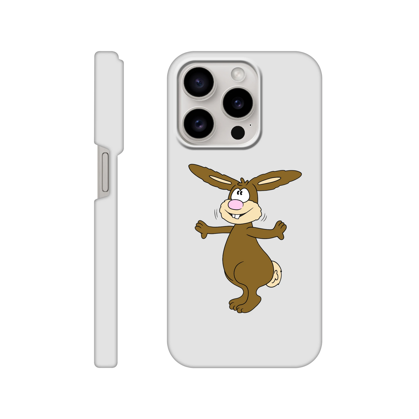 iPhone-Hülle, weiß mit diversen Ausschnitten passend zum ausgewählten Gerät. Aufgedruckt ist auf der Hülle der Cartoon "Benny the Bunny" von Antje Blumrodt Cartoons.