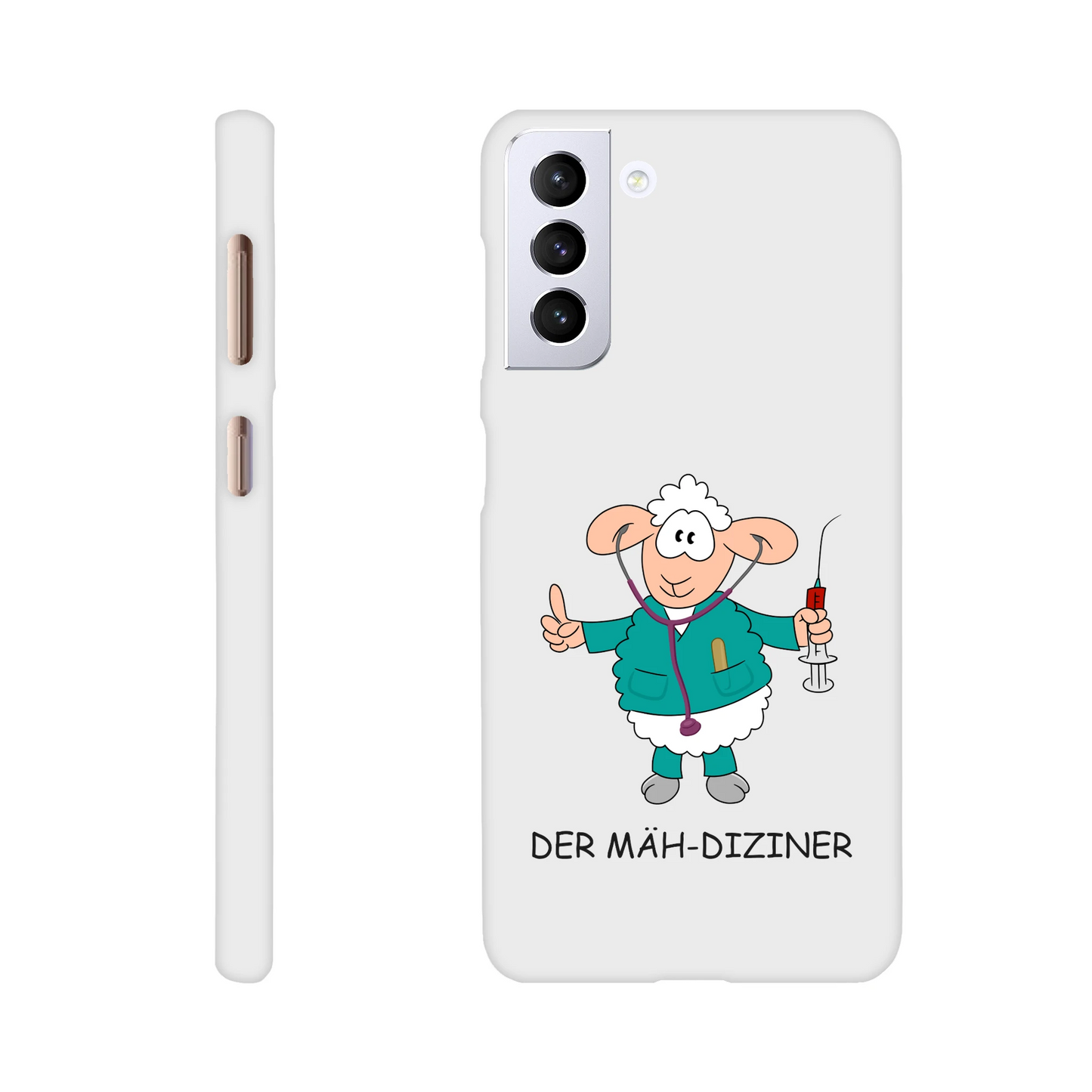 Eine Hülle für Samsung-Galaxy, weiß mit diversen Ausschnitten passend zum ausgewählten Gerät. Aufgedruckt ist auf der Hülle der Cartoon "DER MÄH-DIZINER von Antje Blumrodt Cartoons.