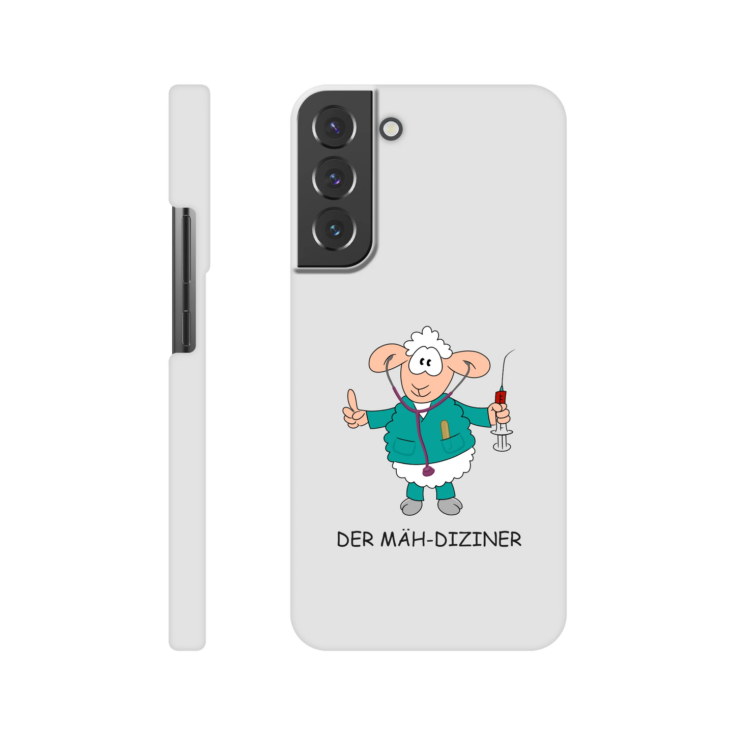 Eine Hülle für Samsung-Galaxy, weiß mit diversen Ausschnitten passend zum ausgewählten Gerät. Aufgedruckt ist auf der Hülle der Cartoon "DER MÄH-DIZINER von Antje Blumrodt Cartoons.