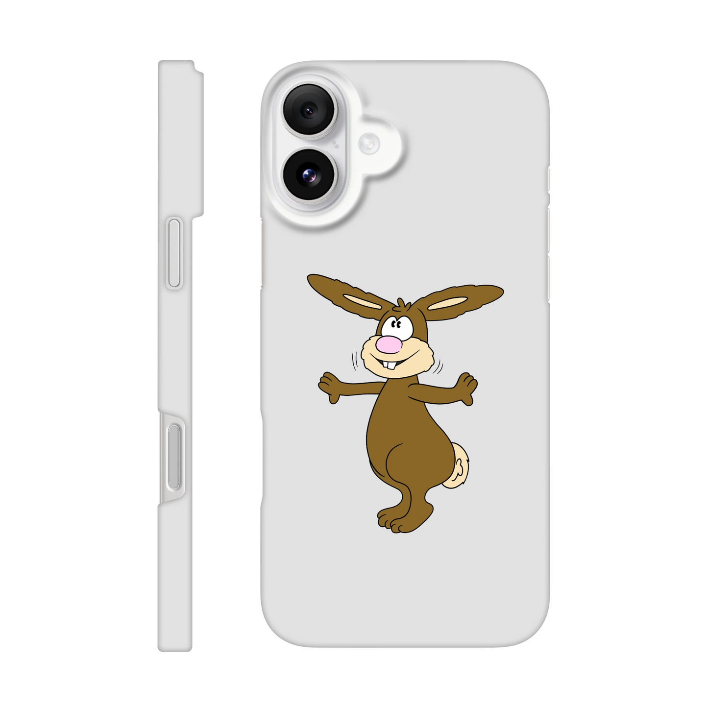 iPhone-Hülle, weiß mit diversen Ausschnitten passend zum ausgewählten Gerät. Aufgedruckt ist auf der Hülle der Cartoon "Benny the Bunny" von Antje Blumrodt Cartoons.