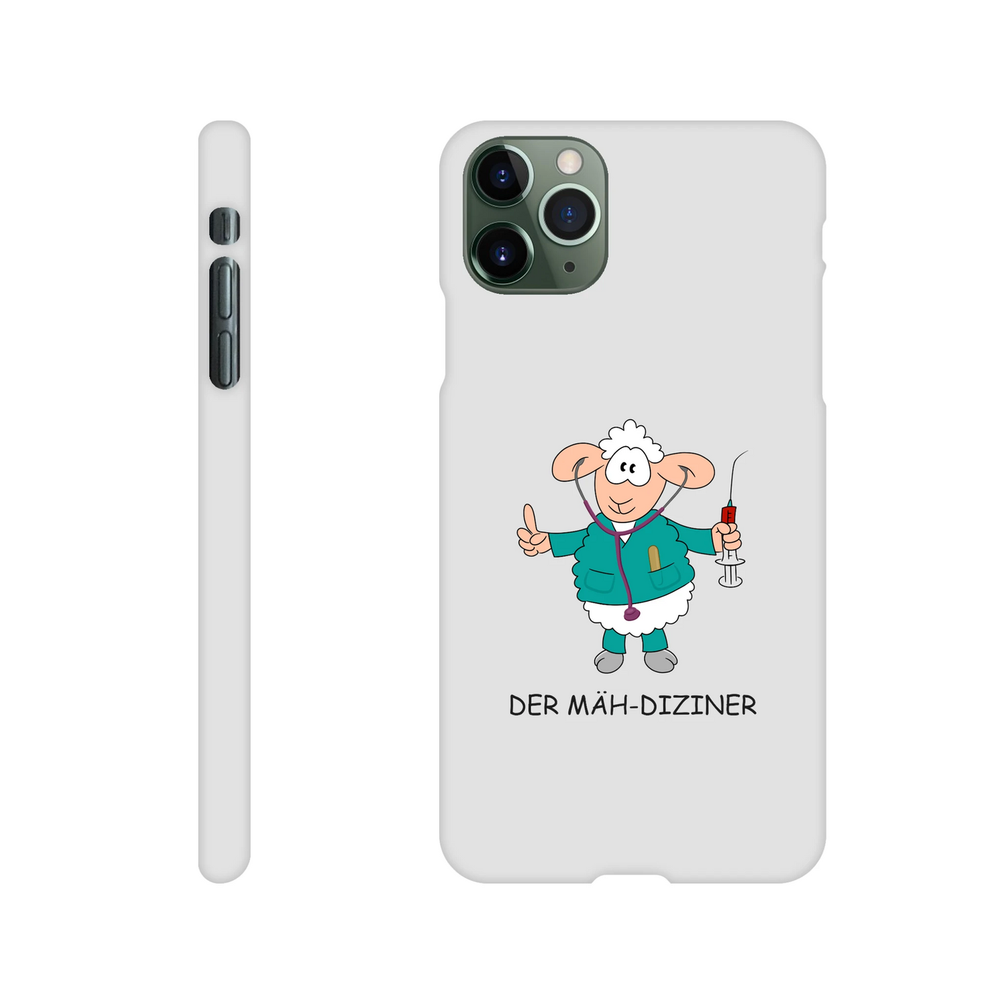 iPhone-Hülle, weiß mit diversen Ausschnitten passend zum ausgewählten Gerät. Aufgedruckt ist auf der Hülle der Cartoon "DER MÄH-DIZINER" von Antje Blumrodt Cartoons.