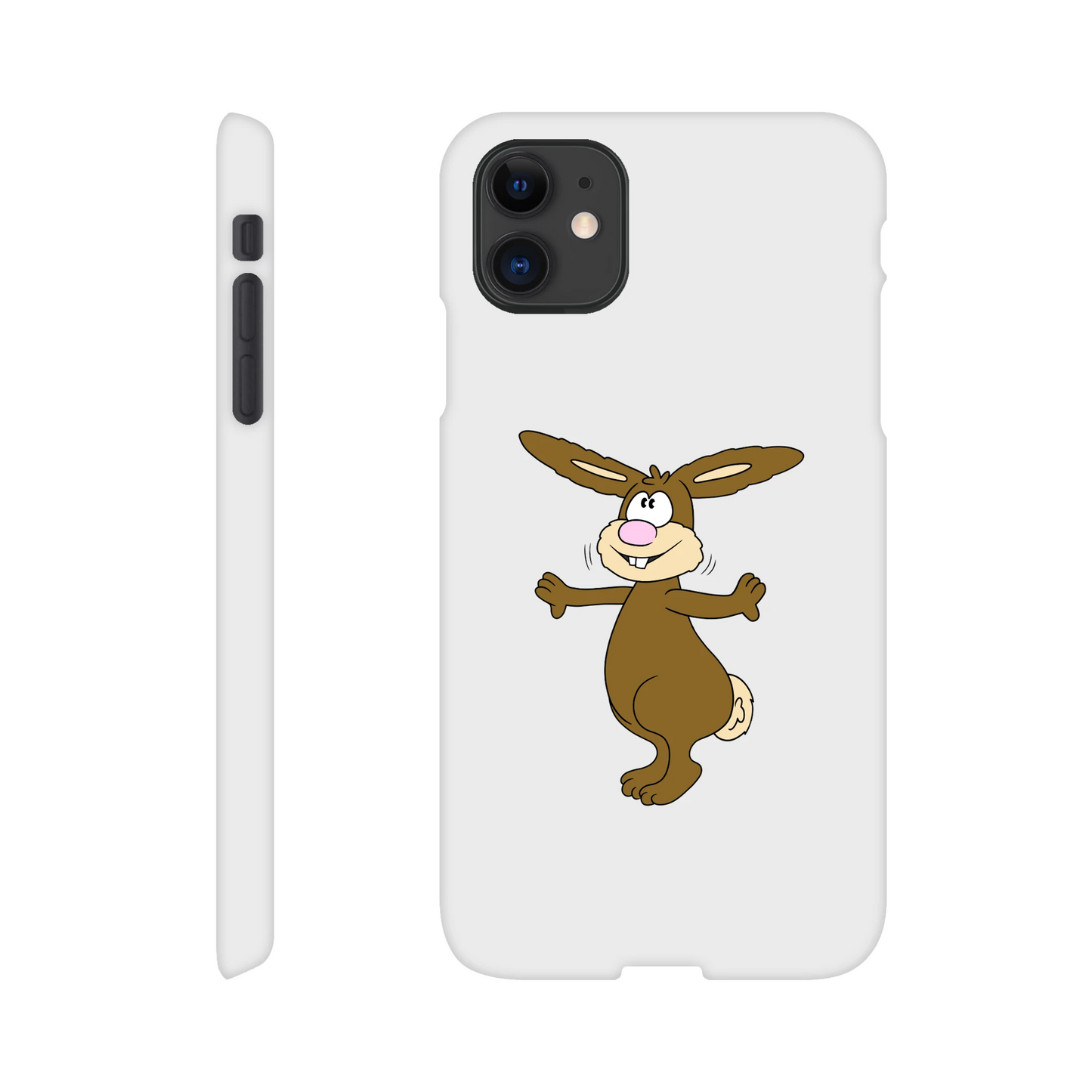 iPhone-Hülle, weiß mit diversen Ausschnitten passend zum ausgewählten Gerät. Aufgedruckt ist auf der Hülle der Cartoon "Benny the Bunny" von Antje Blumrodt Cartoons.